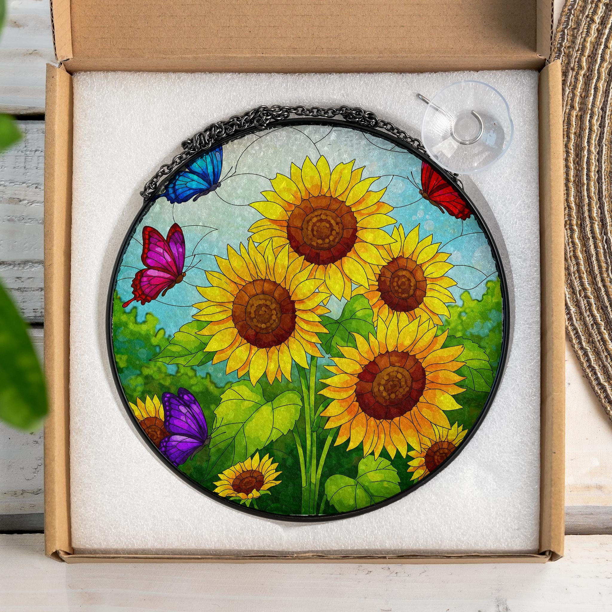 Vibrant Sunflower & Butterfly Glass Suncatcher, Handcrafted Nature Window Hanging Decor, Colorful Garden Art Gift for Home, Flower Lover