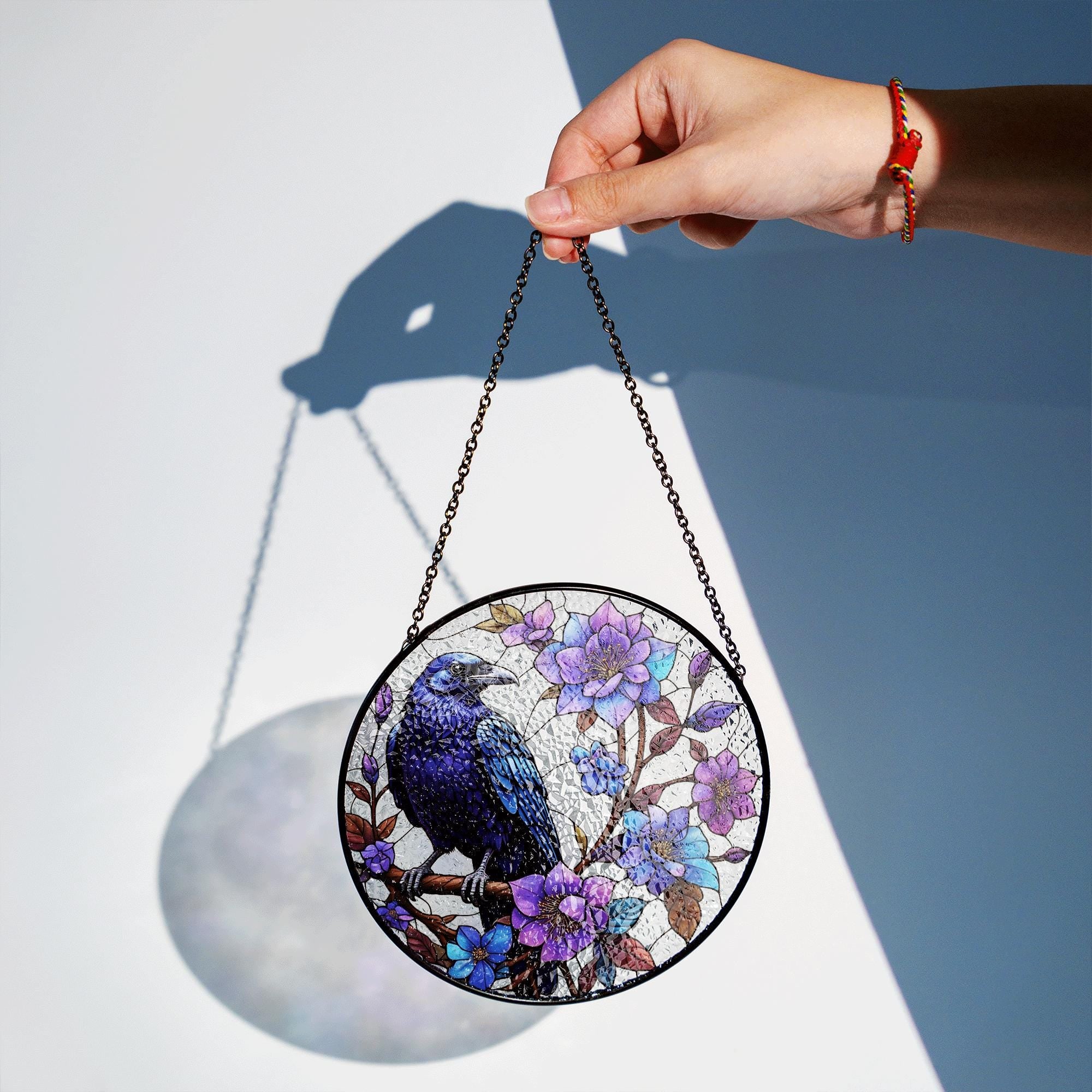 Raven & Clematis Flowers Suncatcher – Purple Floral Gothic Bird Window Decor, Crow Art Gift for Nature Lovers, Boho Home Accent
