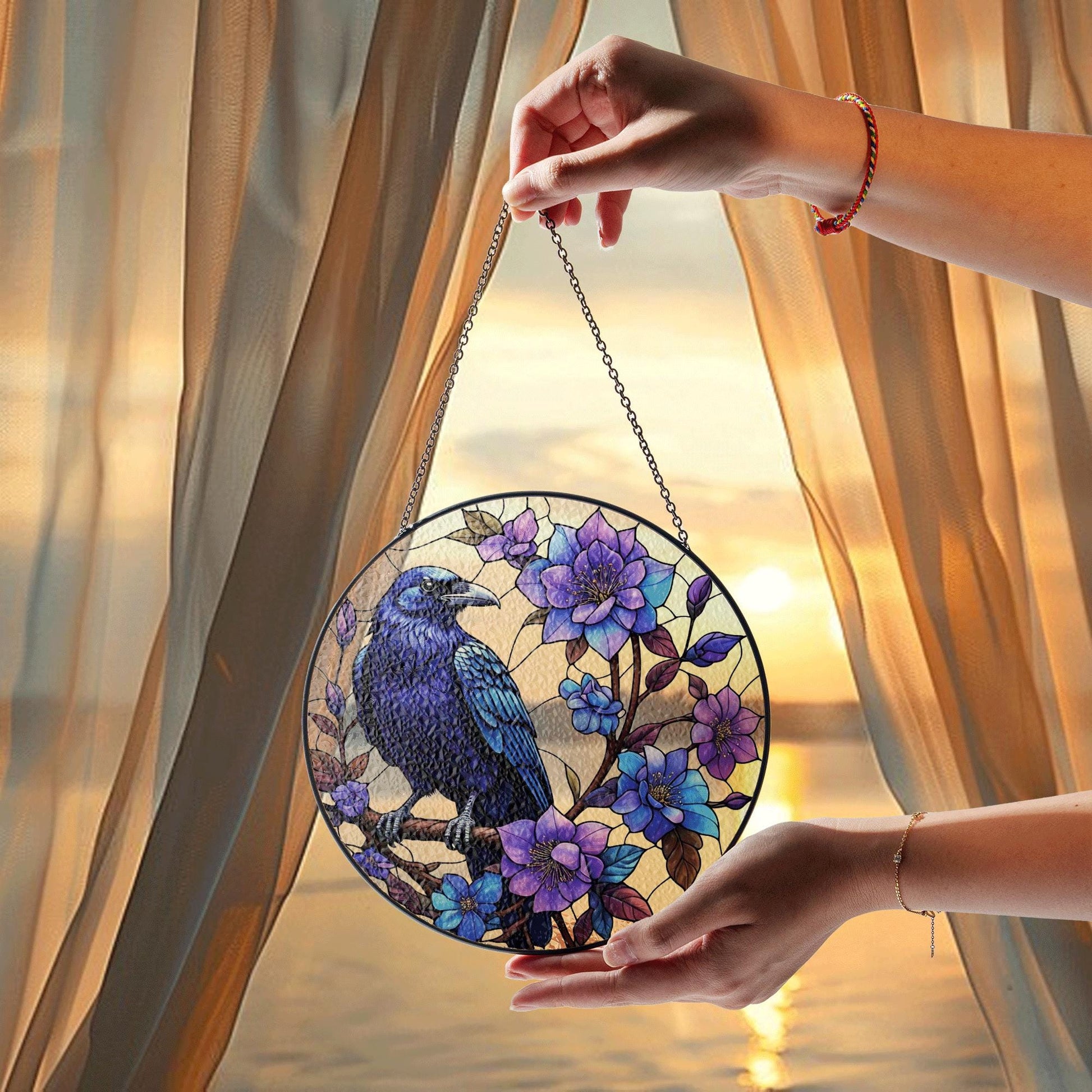 Raven & Clematis Flowers Suncatcher – Purple Floral Gothic Bird Window Decor, Crow Art Gift for Nature Lovers, Boho Home Accent