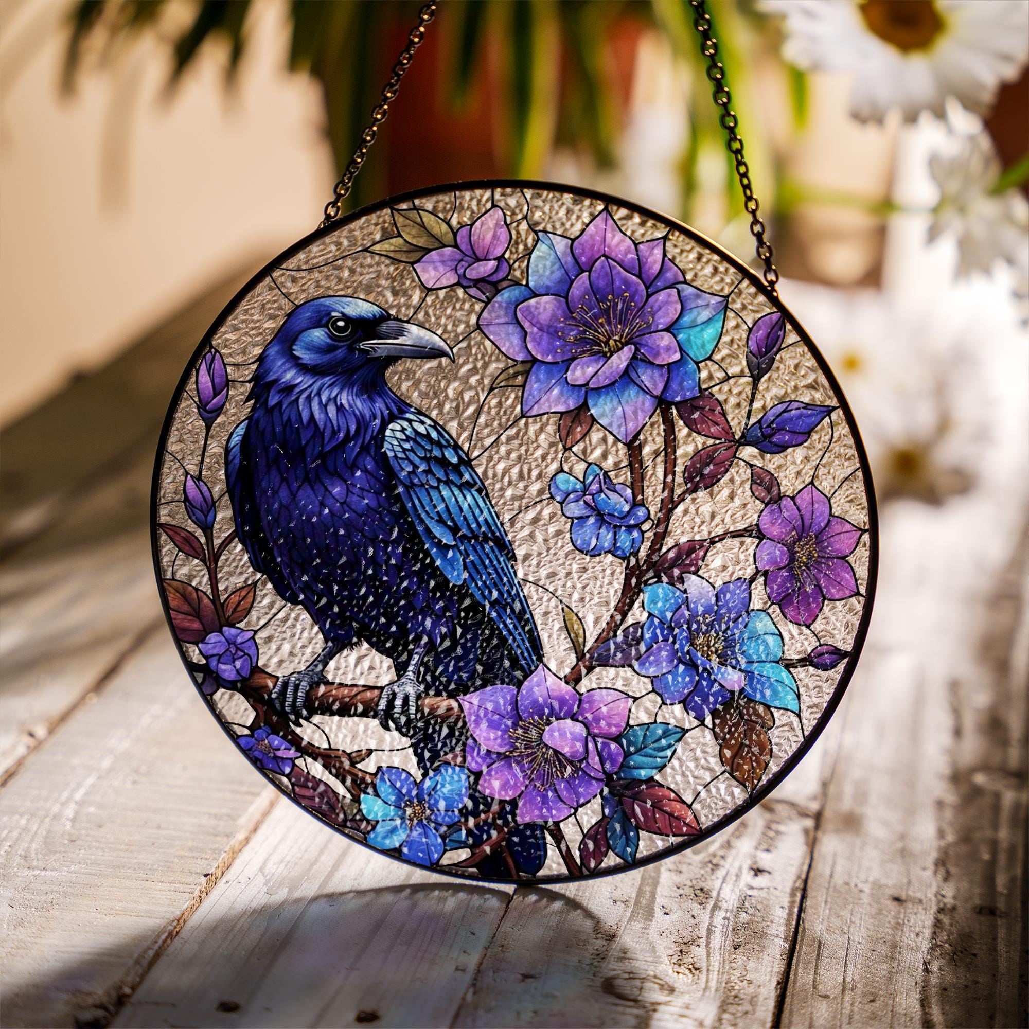 Raven & Clematis Flowers Suncatcher – Purple Floral Gothic Bird Window Decor, Crow Art Gift for Nature Lovers, Boho Home Accent