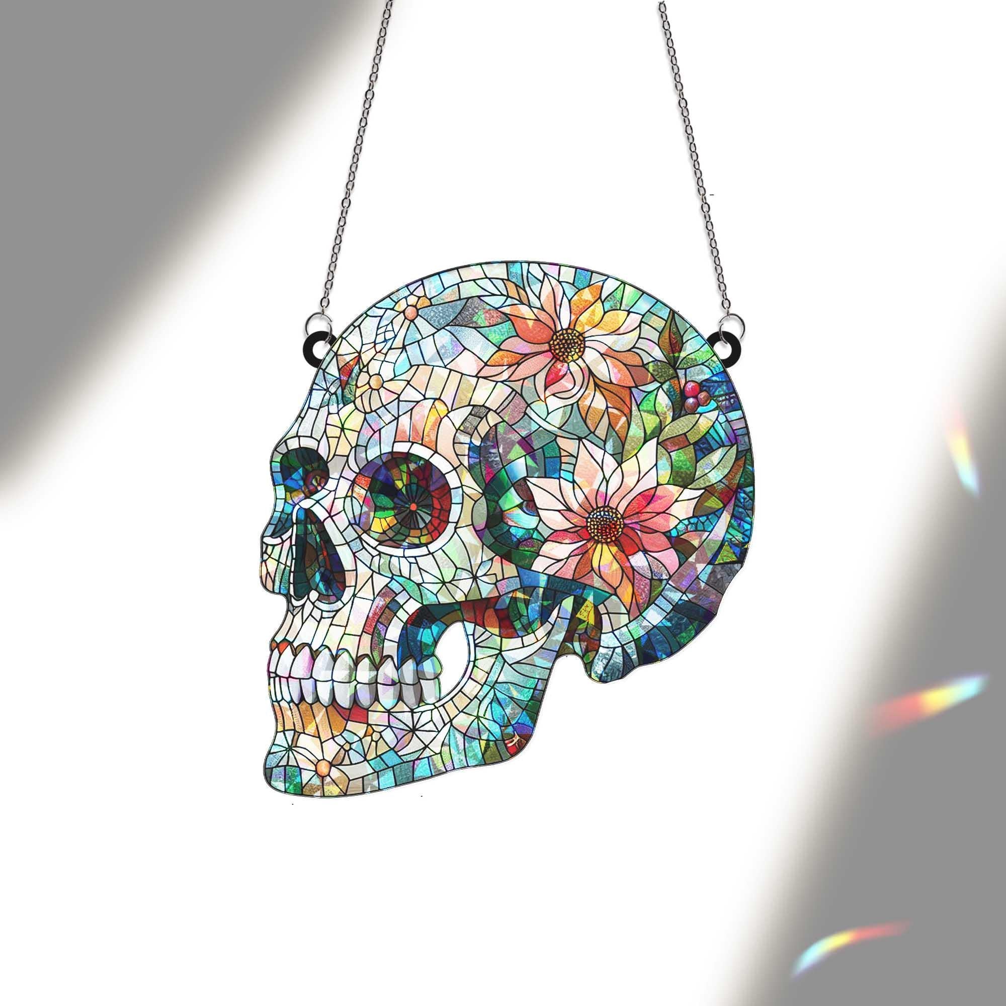 Floral Skull Hologram Gothic Window Hanging, Day of the Dead Decor, Boho Skull Light Catcher Art, Window Decor Art