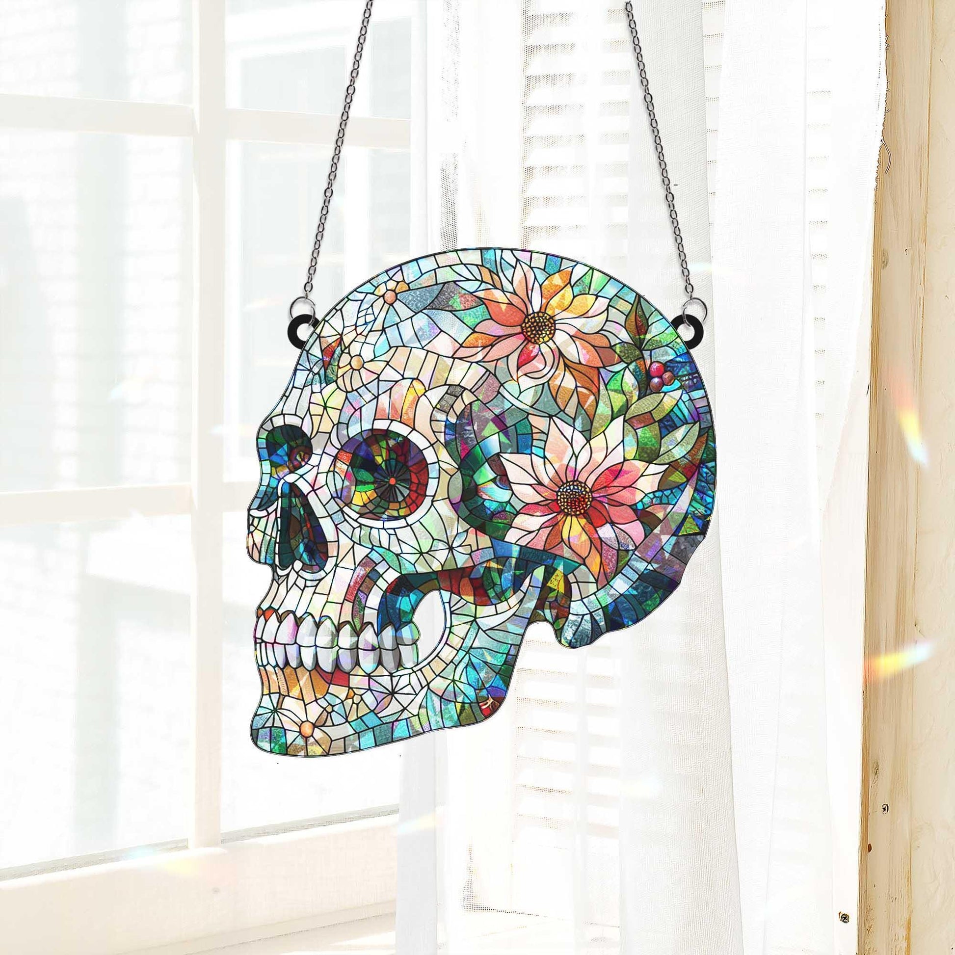 Floral Skull Hologram Gothic Window Hanging, Day of the Dead Decor, Boho Skull Light Catcher Art, Window Decor Art