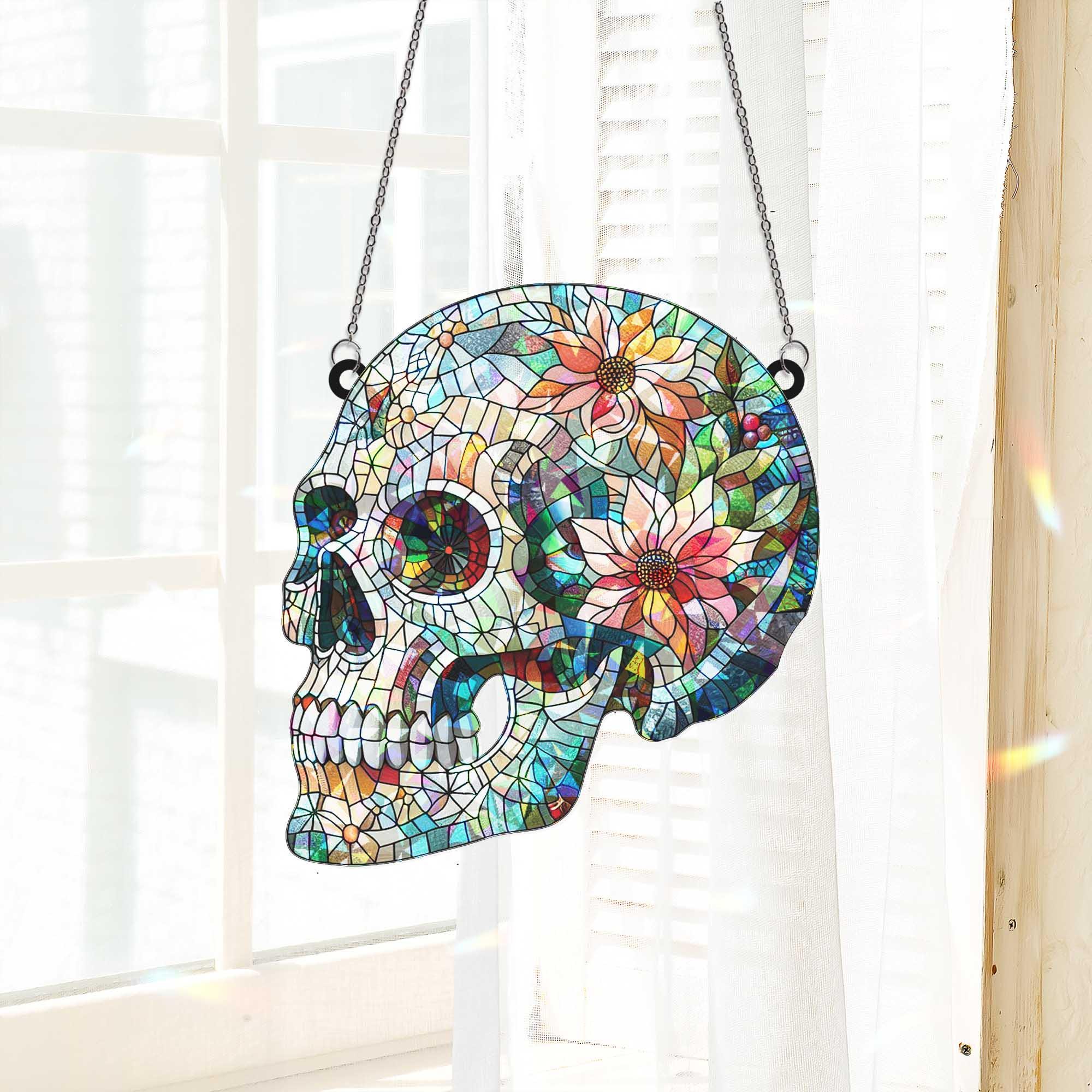 Floral Skull Hologram Gothic Window Hanging, Day of the Dead Decor, Boho Skull Light Catcher Art, Window Decor Art
