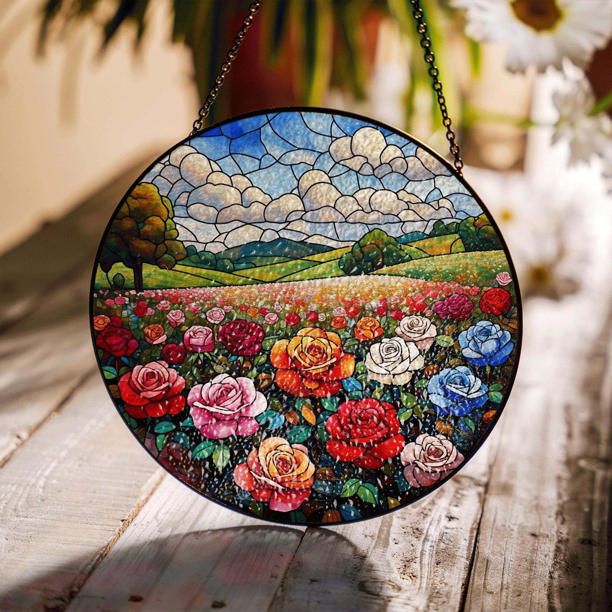 Glass Suncatcher with Rose Field Landscape – Colorful Stained Glass Style Window Hanging Art, Floral Garden Decor Gift for Nature Lovers