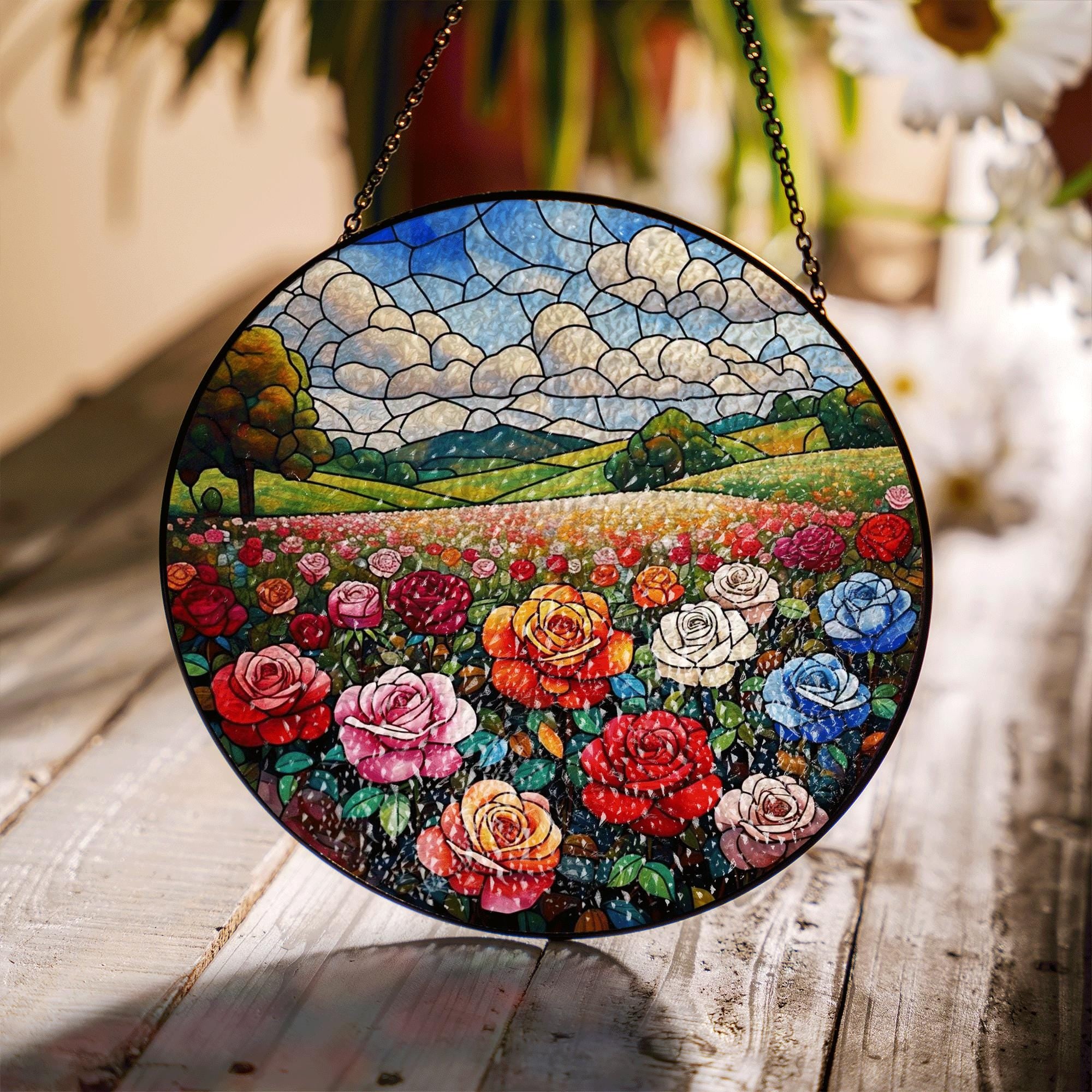 Glass Suncatcher with Rose Field Landscape – Colorful Stained Glass Style Window Hanging Art, Floral Garden Decor Gift for Nature Lovers