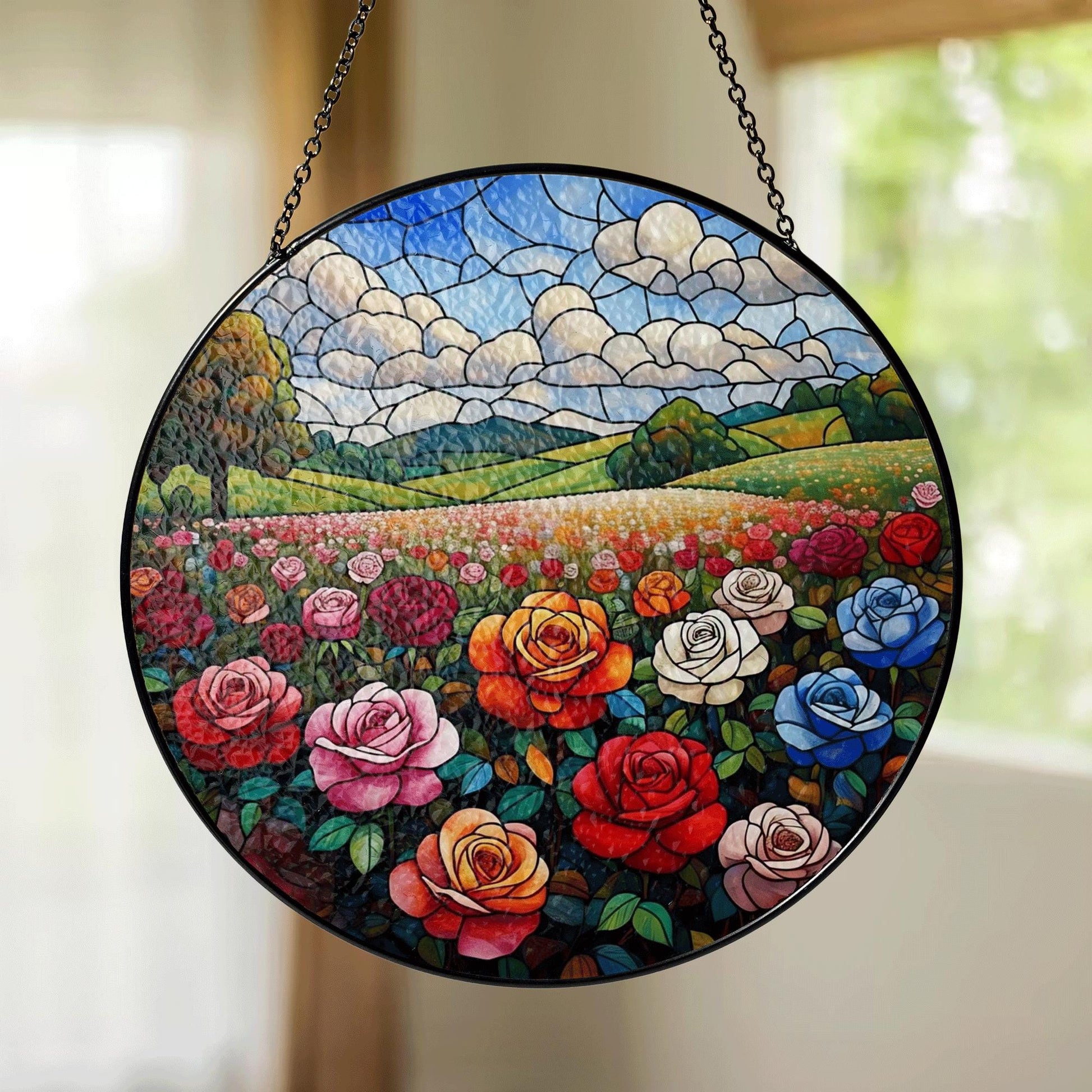 Glass Suncatcher with Rose Field Landscape – Colorful Stained Glass Style Window Hanging Art, Floral Garden Decor Gift for Nature Lovers