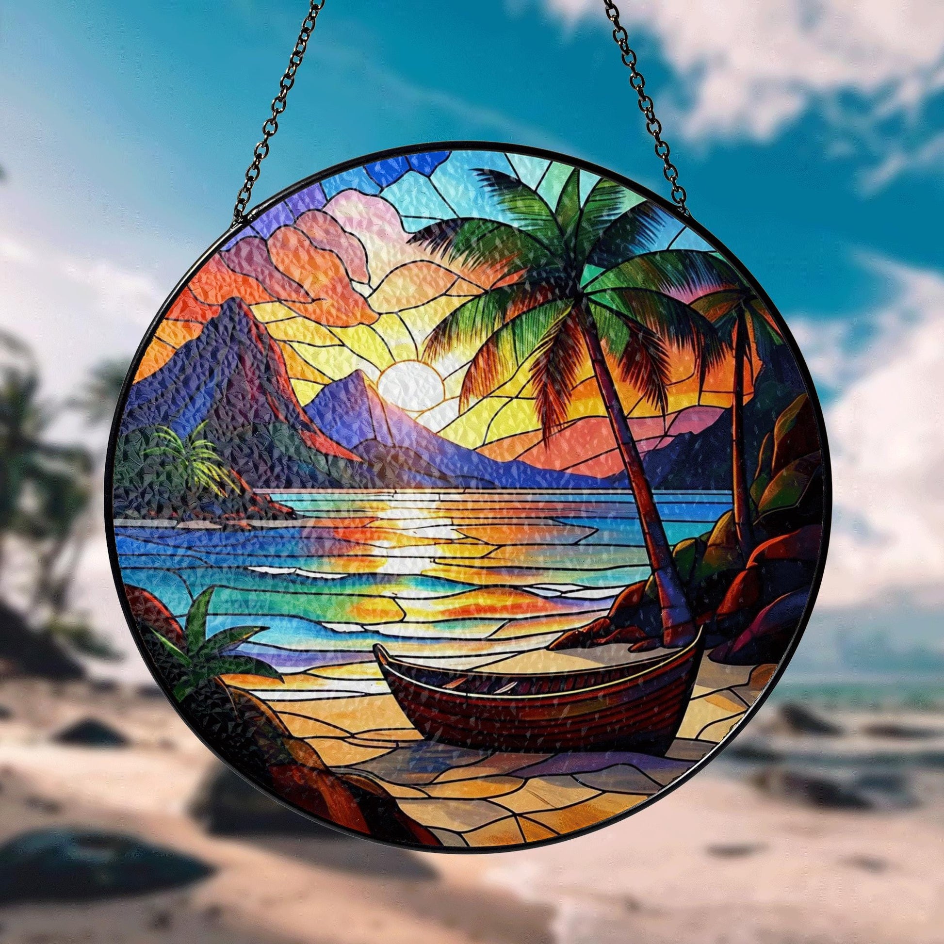 Tropical Sunset Glass Suncatcher – Palm Tree Beach Scene with Boat, Stained Glass Style Window Hanging, Ocean Summer Home Decor