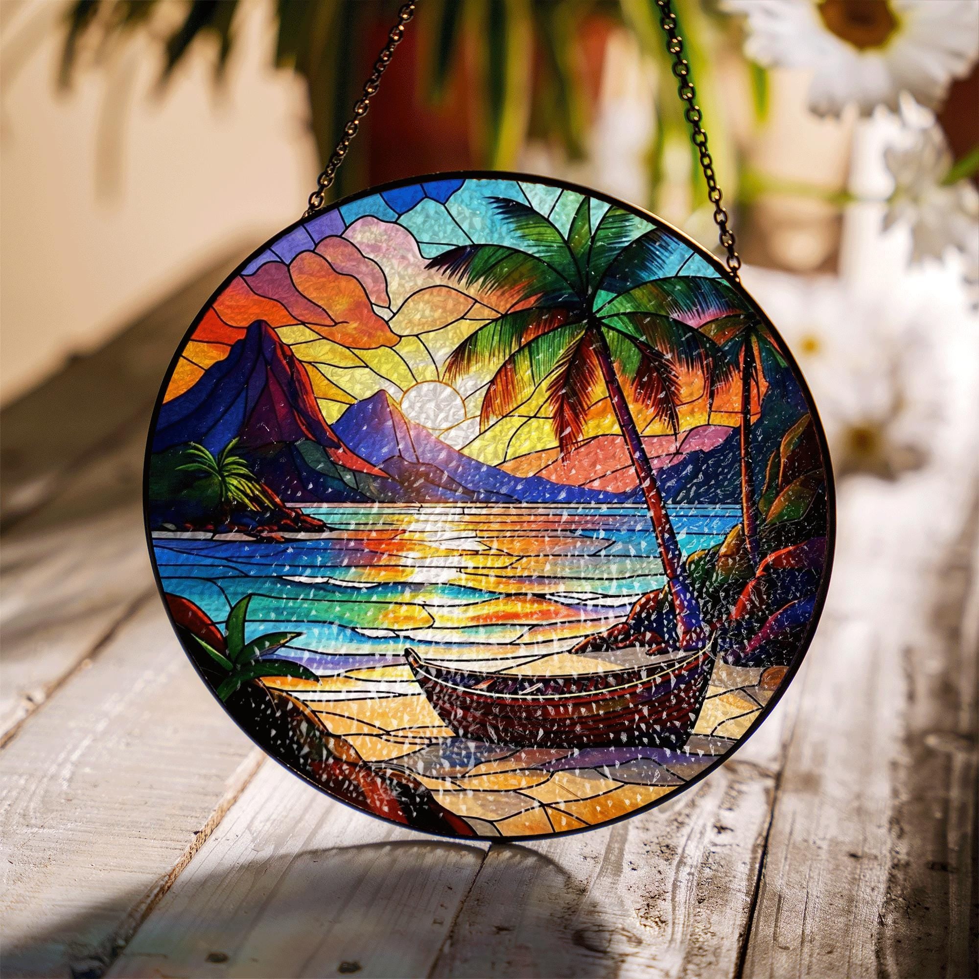Tropical Sunset Glass Suncatcher – Palm Tree Beach Scene with Boat, Stained Glass Style Window Hanging, Ocean Summer Home Decor