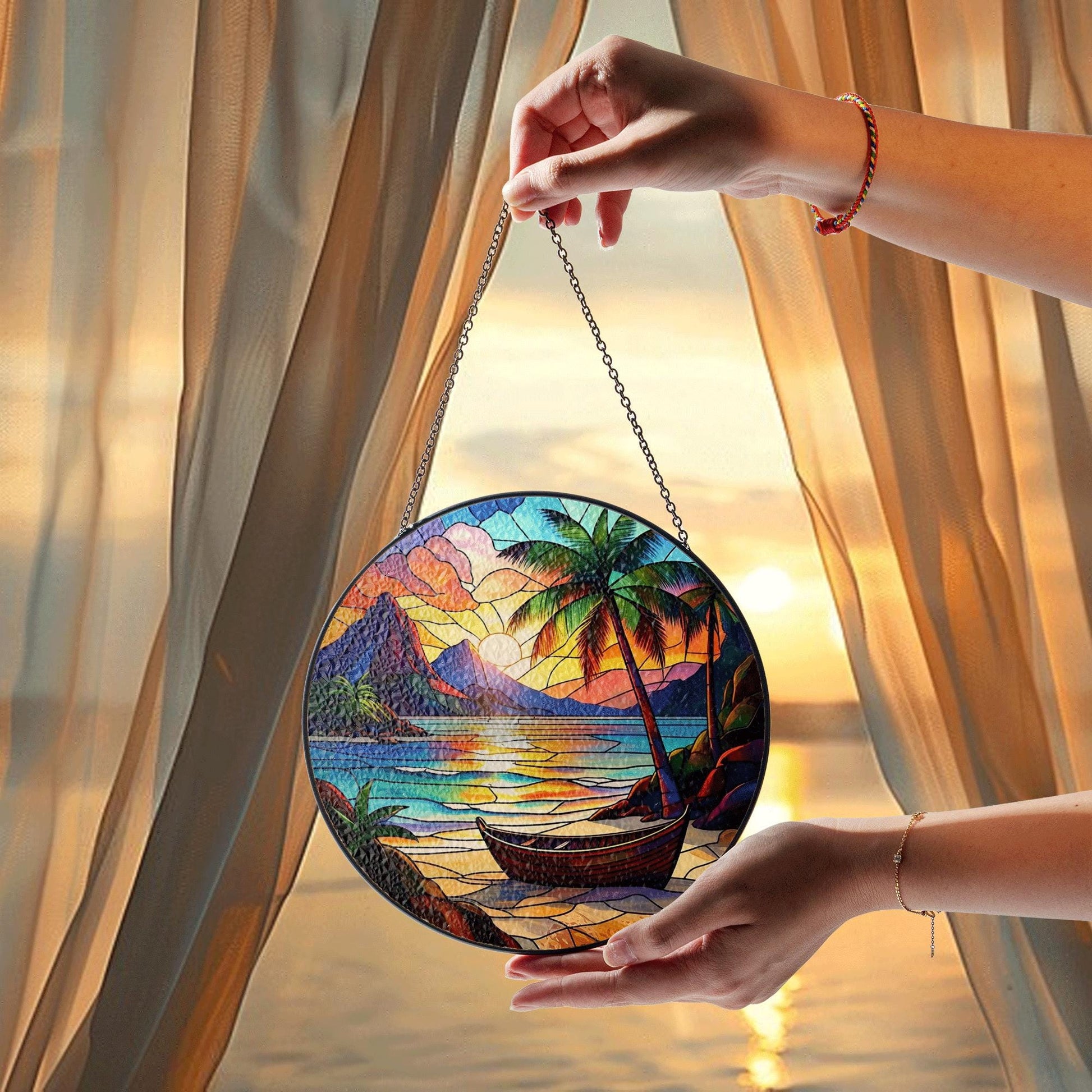 Tropical Sunset Glass Suncatcher – Palm Tree Beach Scene with Boat, Stained Glass Style Window Hanging, Ocean Summer Home Decor