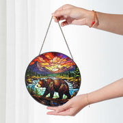 Mountain Bear Glass Suncatcher – Stained Glass Style Wildlife Window Hanging, Rustic Cabin Decor, Forest Nature Round Light Catcher