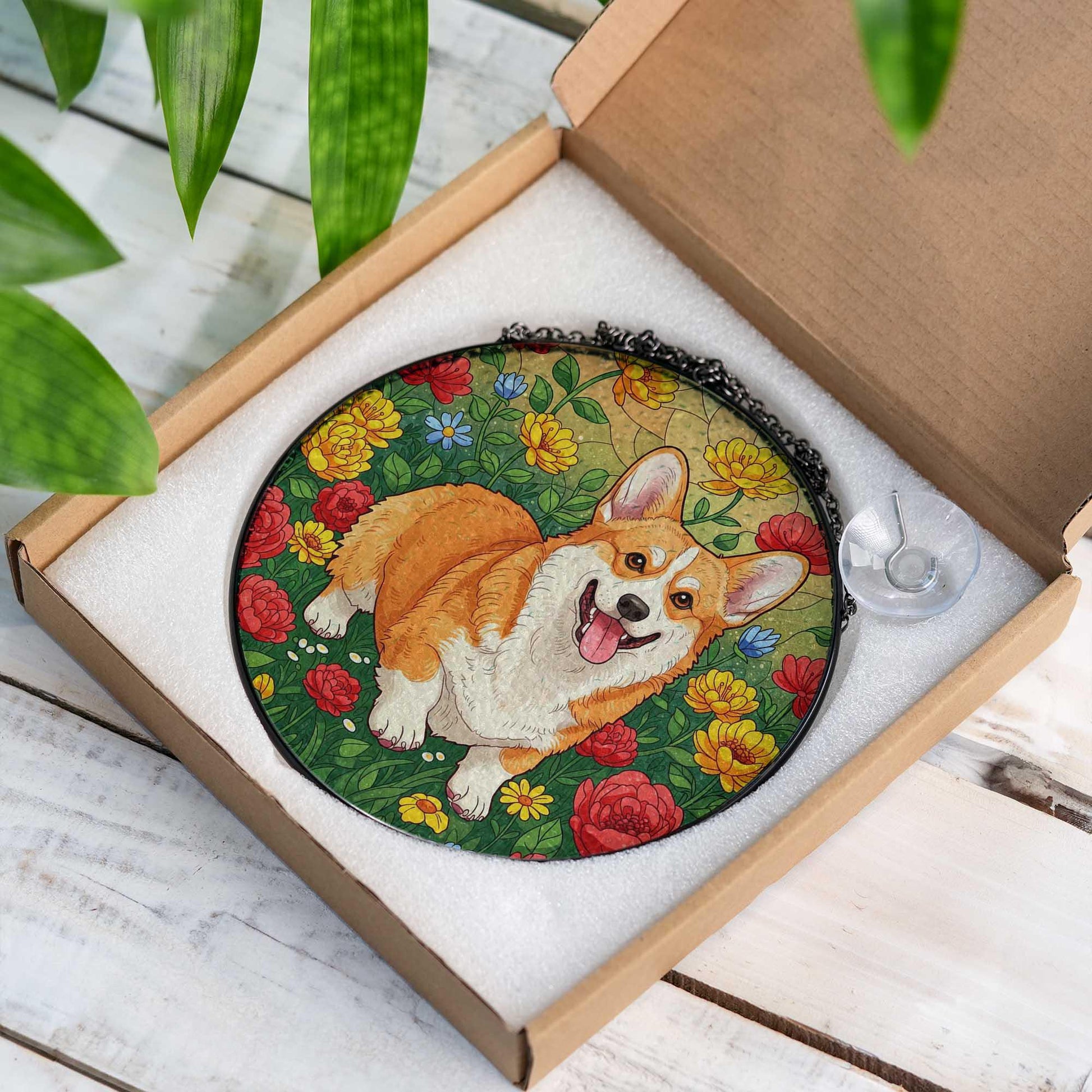 Corgi Dog Glass Suncatcher – Stained Glass Style Round Pet Window Hanging, Cute Floral Puppy Decor, Dog Lover Gift for Home or Garden