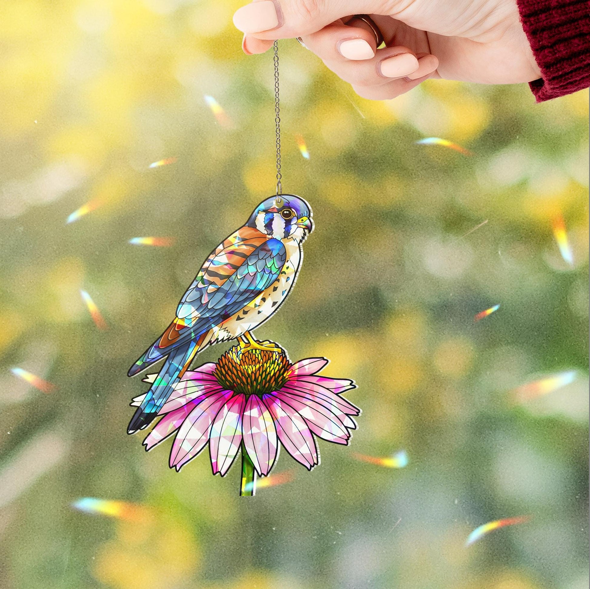 American Kestrel and Pink Coneflower Suncatcher | Holographic Acrylic Window Hanging |Cottagecore Garden Gift | Birdwatcher Lover Gift