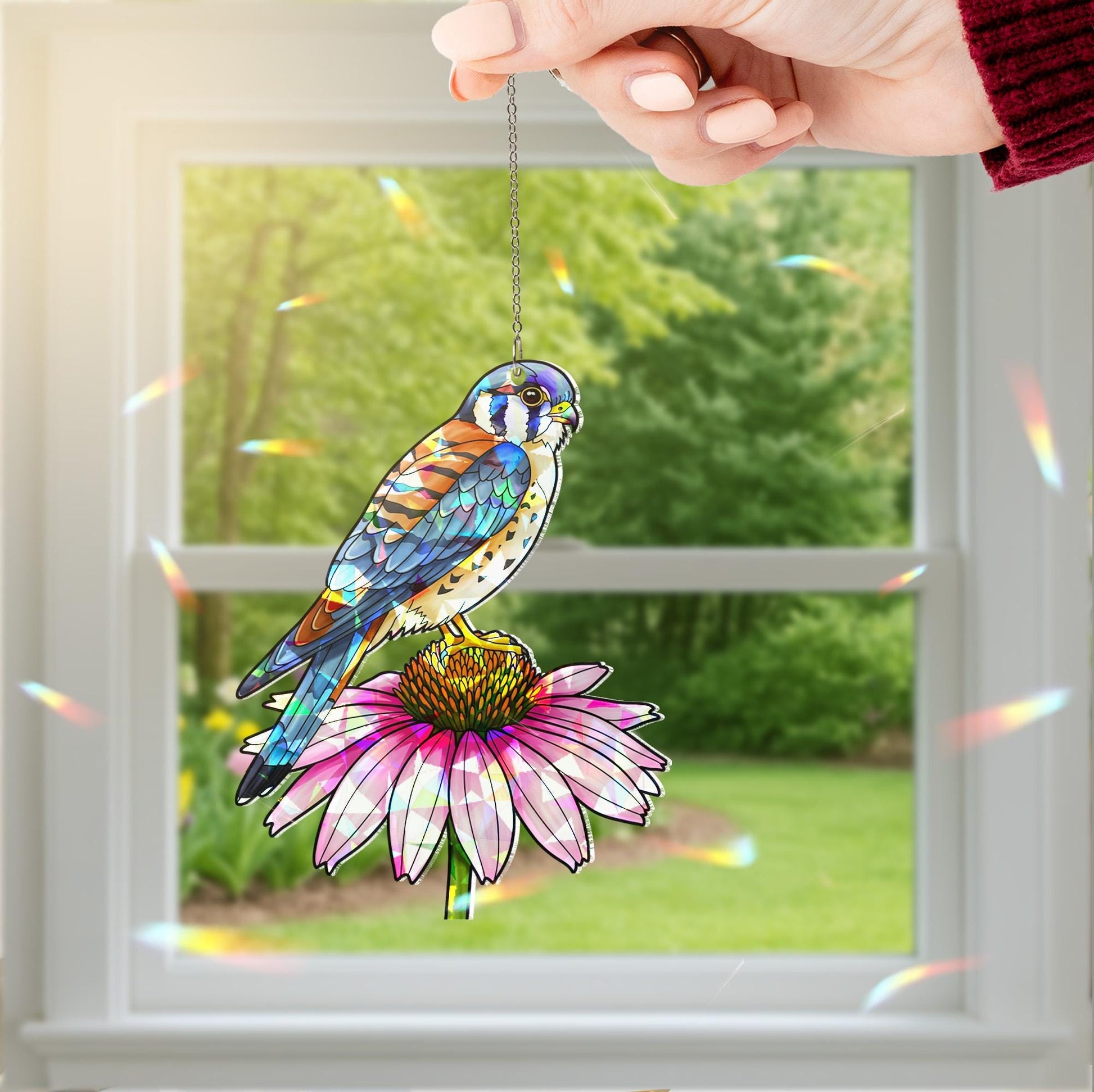 American Kestrel and Pink Coneflower Suncatcher | Holographic Acrylic Window Hanging |Cottagecore Garden Gift | Birdwatcher Lover Gift