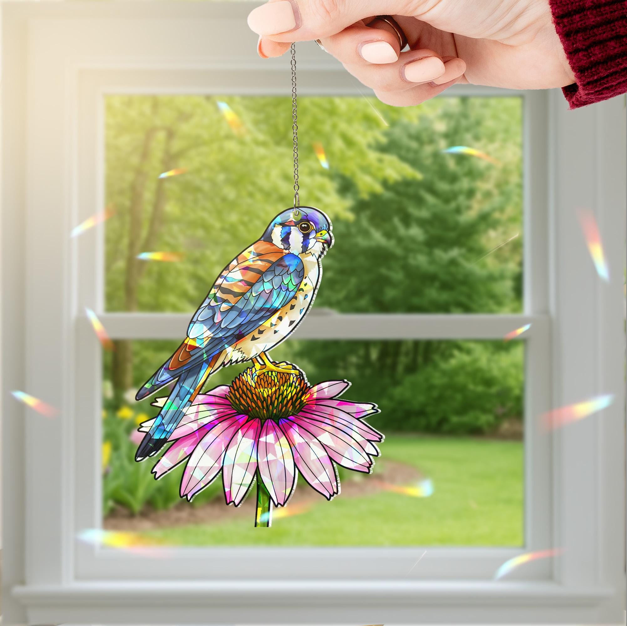 American Kestrel and Pink Coneflower Suncatcher | Holographic Acrylic Window Hanging |Cottagecore Garden Gift | Birdwatcher Lover Gift
