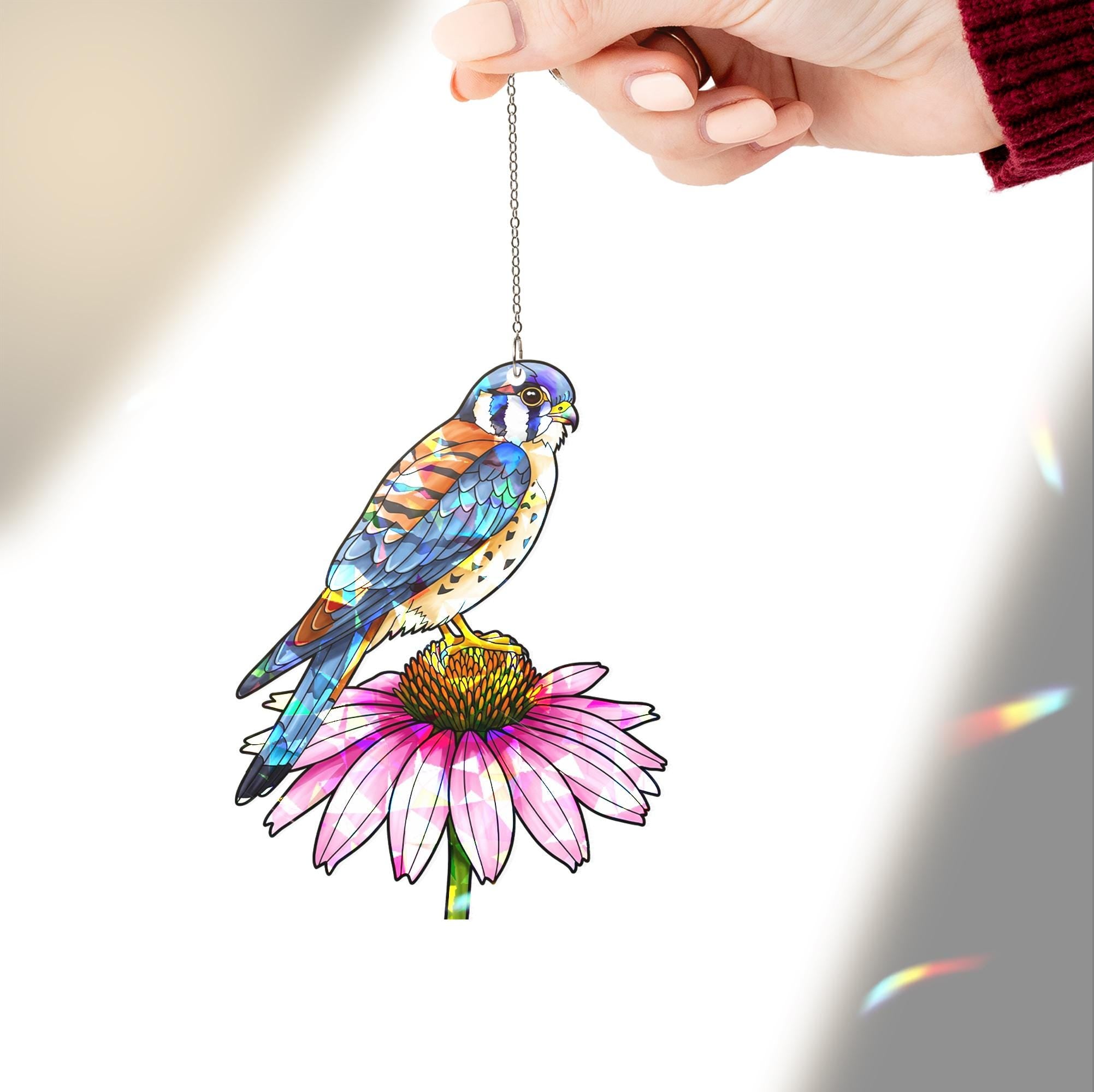 American Kestrel and Pink Coneflower Suncatcher | Holographic Acrylic Window Hanging |Cottagecore Garden Gift | Birdwatcher Lover Gift