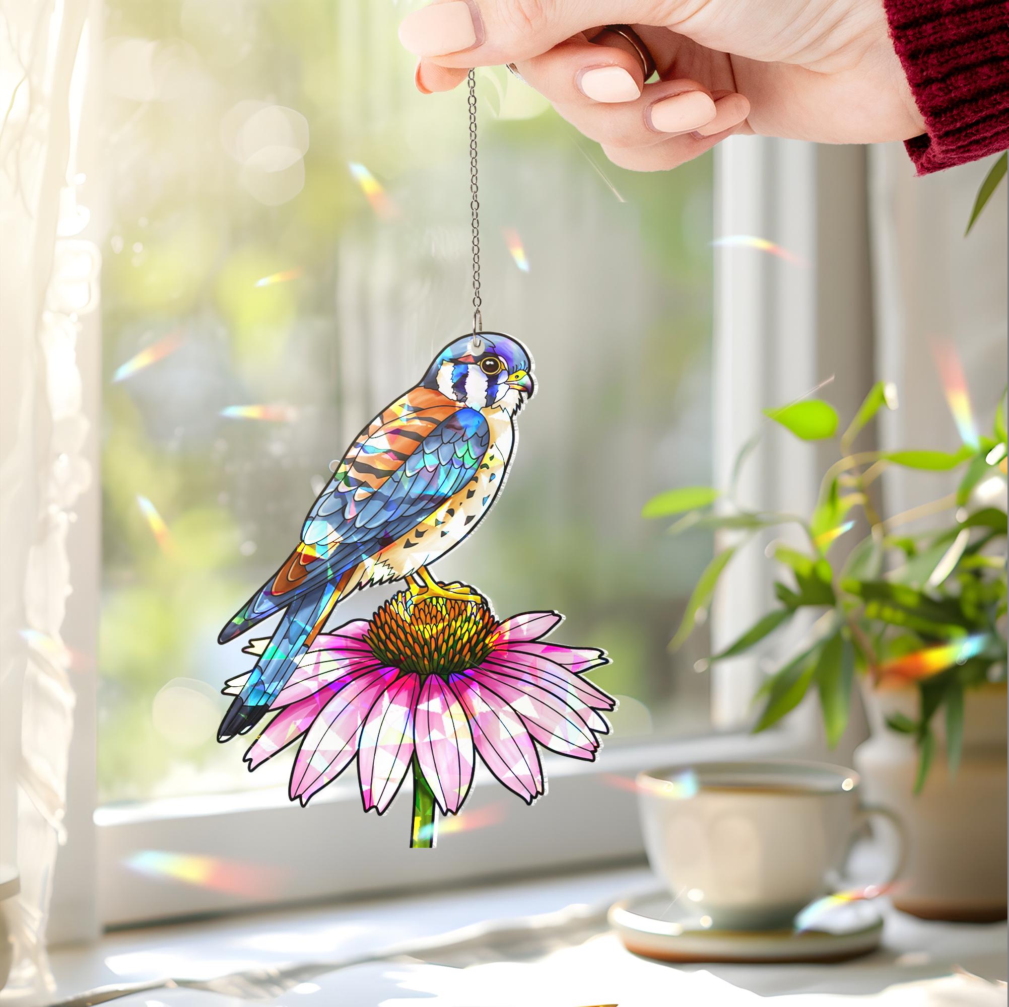 American Kestrel and Pink Coneflower Suncatcher | Holographic Acrylic Window Hanging |Cottagecore Garden Gift | Birdwatcher Lover Gift