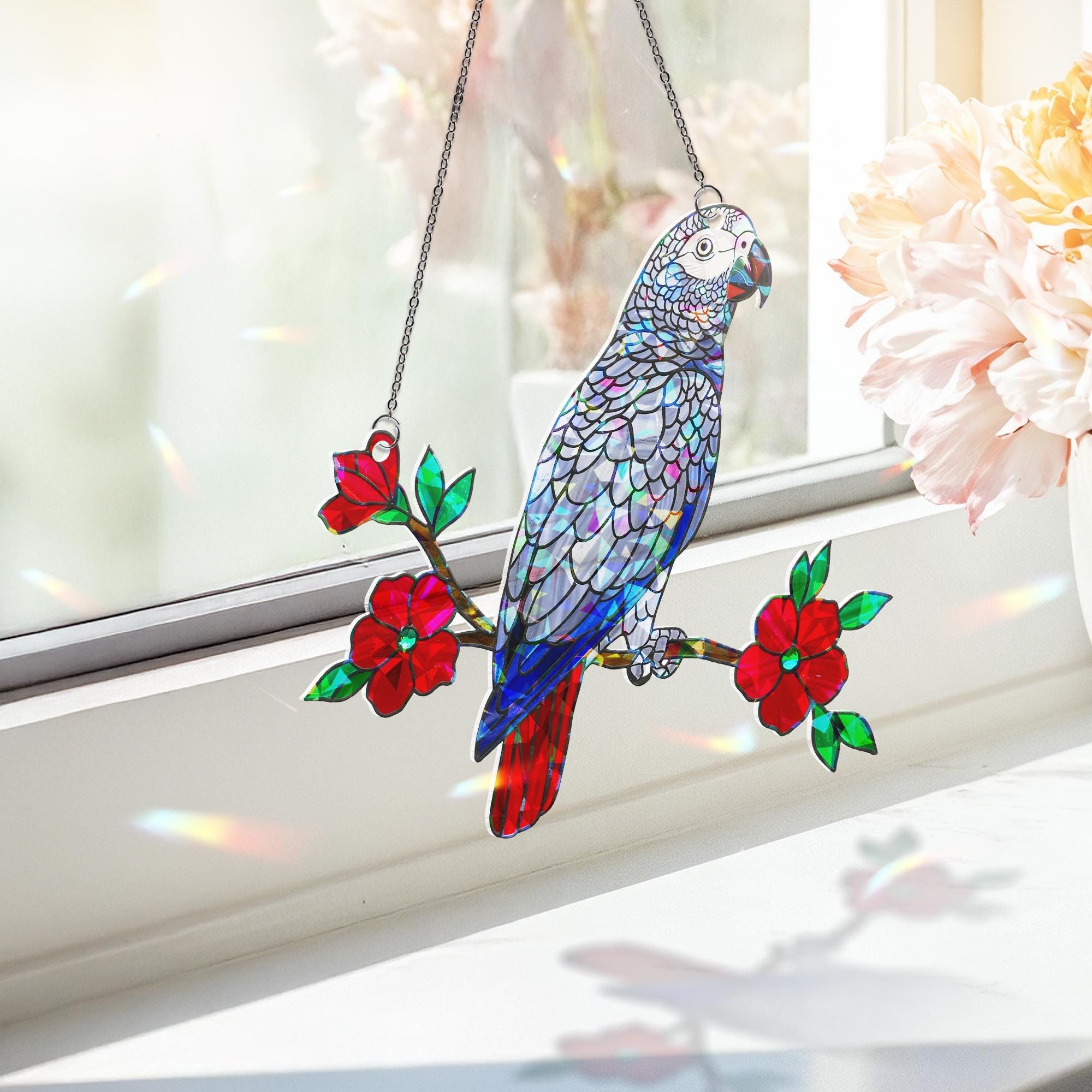 African Grey Parrot Suncatcher | Holographic Acrylic Window Hanging  |  Sun Catcher Gift for Bird Lovers | Parrot Rainbow Window Decor