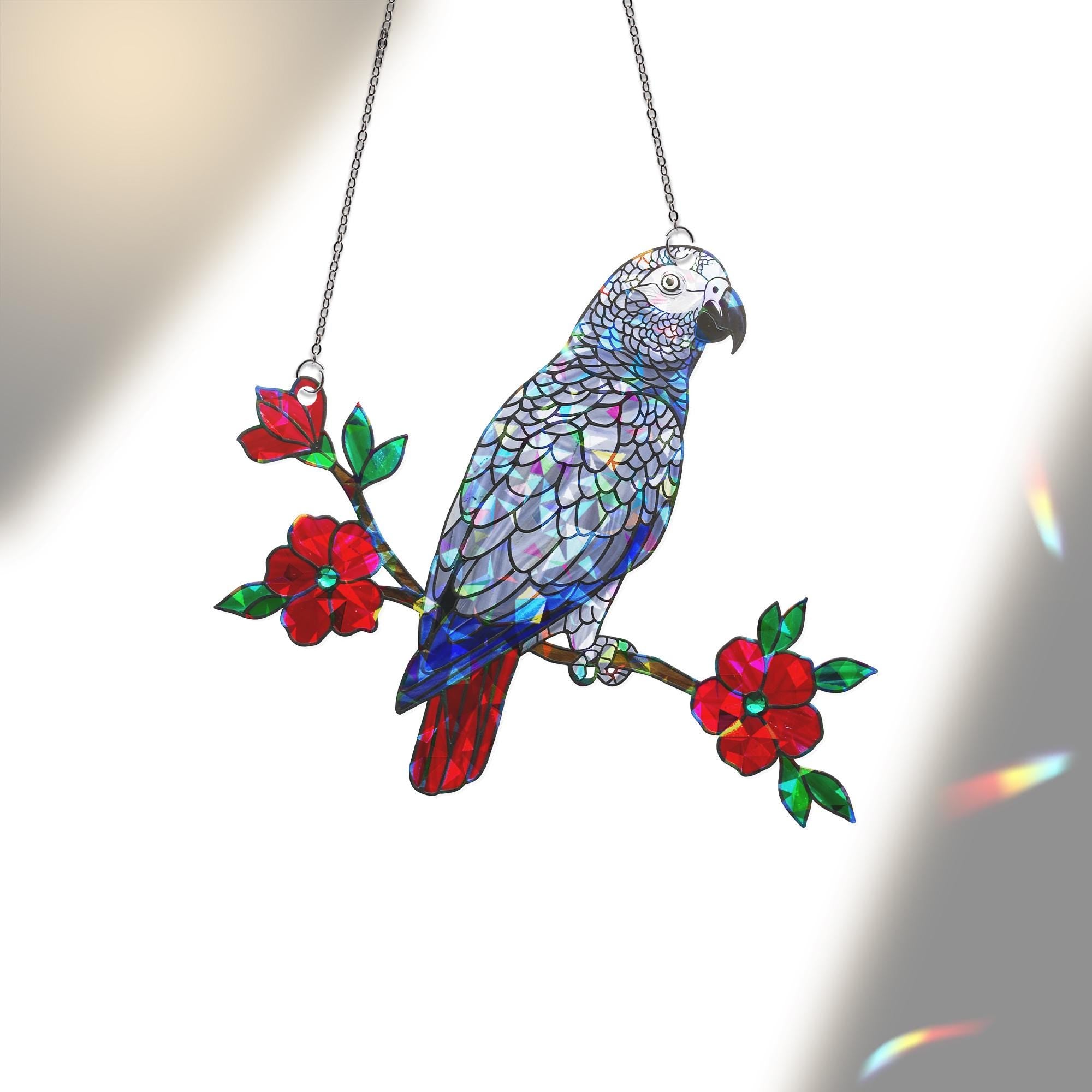 African Grey Parrot Suncatcher | Holographic Acrylic Window Hanging  |  Sun Catcher Gift for Bird Lovers | Parrot Rainbow Window Decor