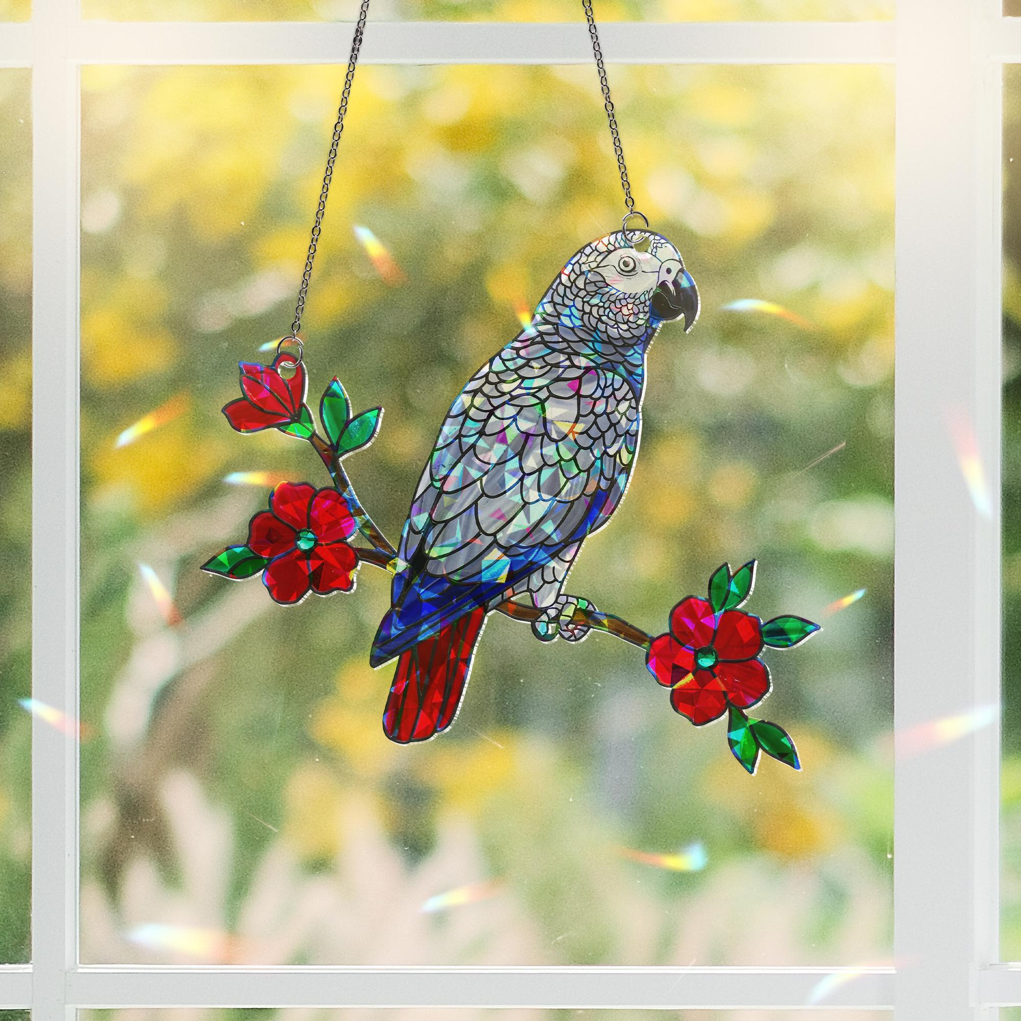 African Grey Parrot Suncatcher | Holographic Acrylic Window Hanging  |  Sun Catcher Gift for Bird Lovers | Parrot Rainbow Window Decor