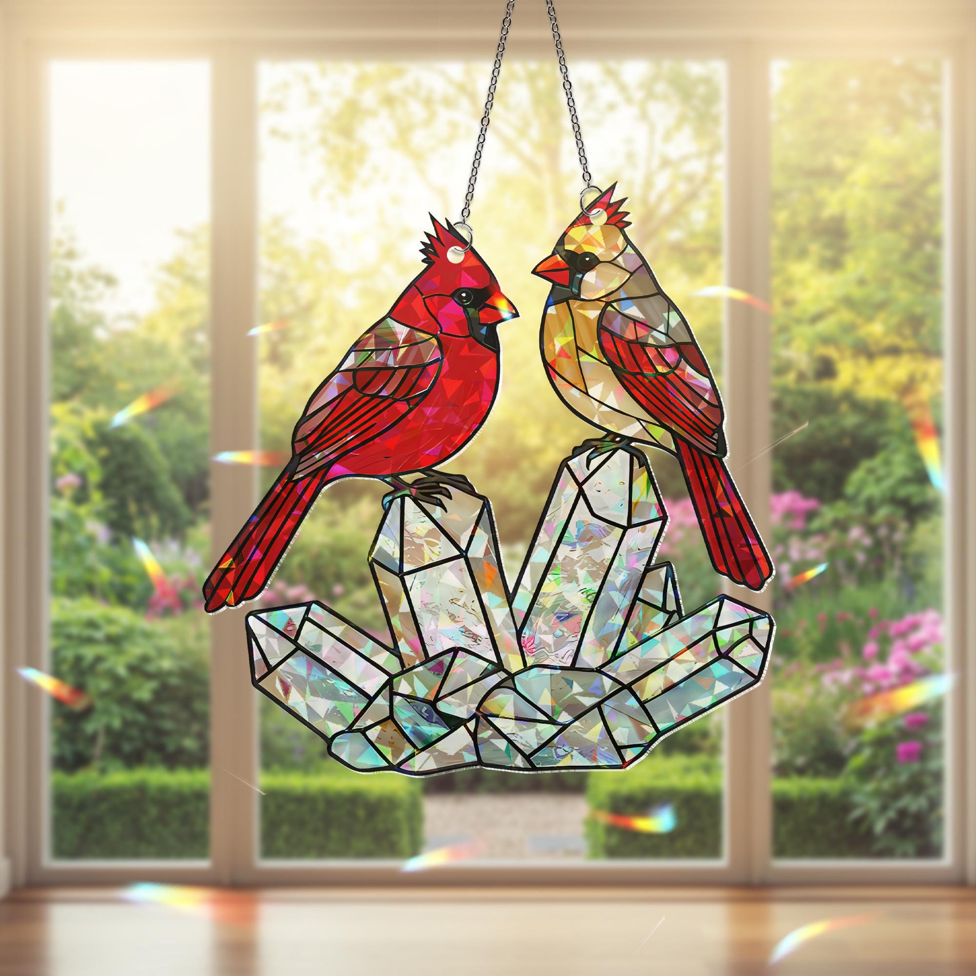 Cardinal Couple ACRYLIC Hologram Decor, Crystal Hologram Decor,Bird Lover Decor,Memorial Gift, Red Bird Ornament, Cardinal and Crystal Decor