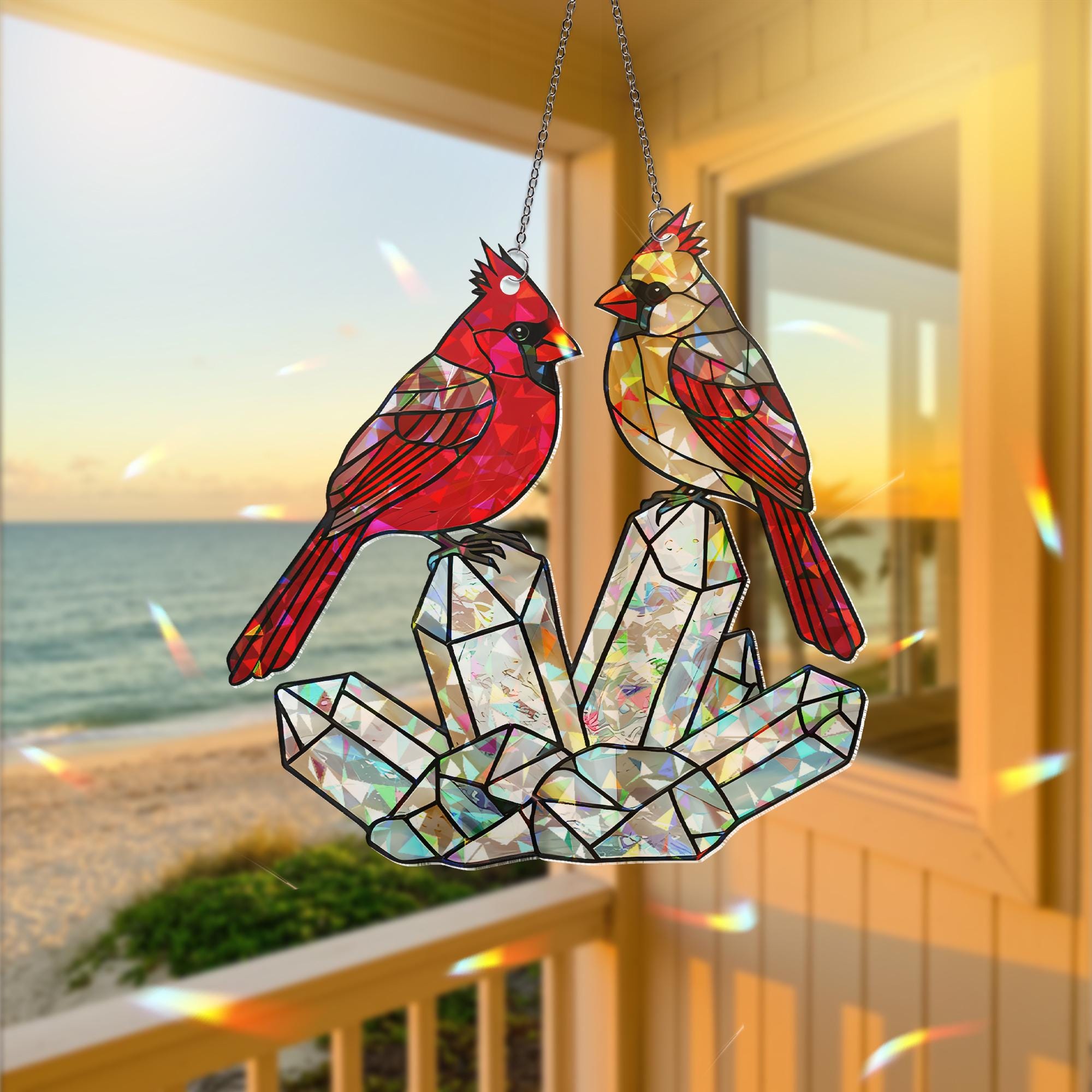 Cardinal Couple ACRYLIC Hologram Decor, Crystal Hologram Decor,Bird Lover Decor,Memorial Gift, Red Bird Ornament, Cardinal and Crystal Decor
