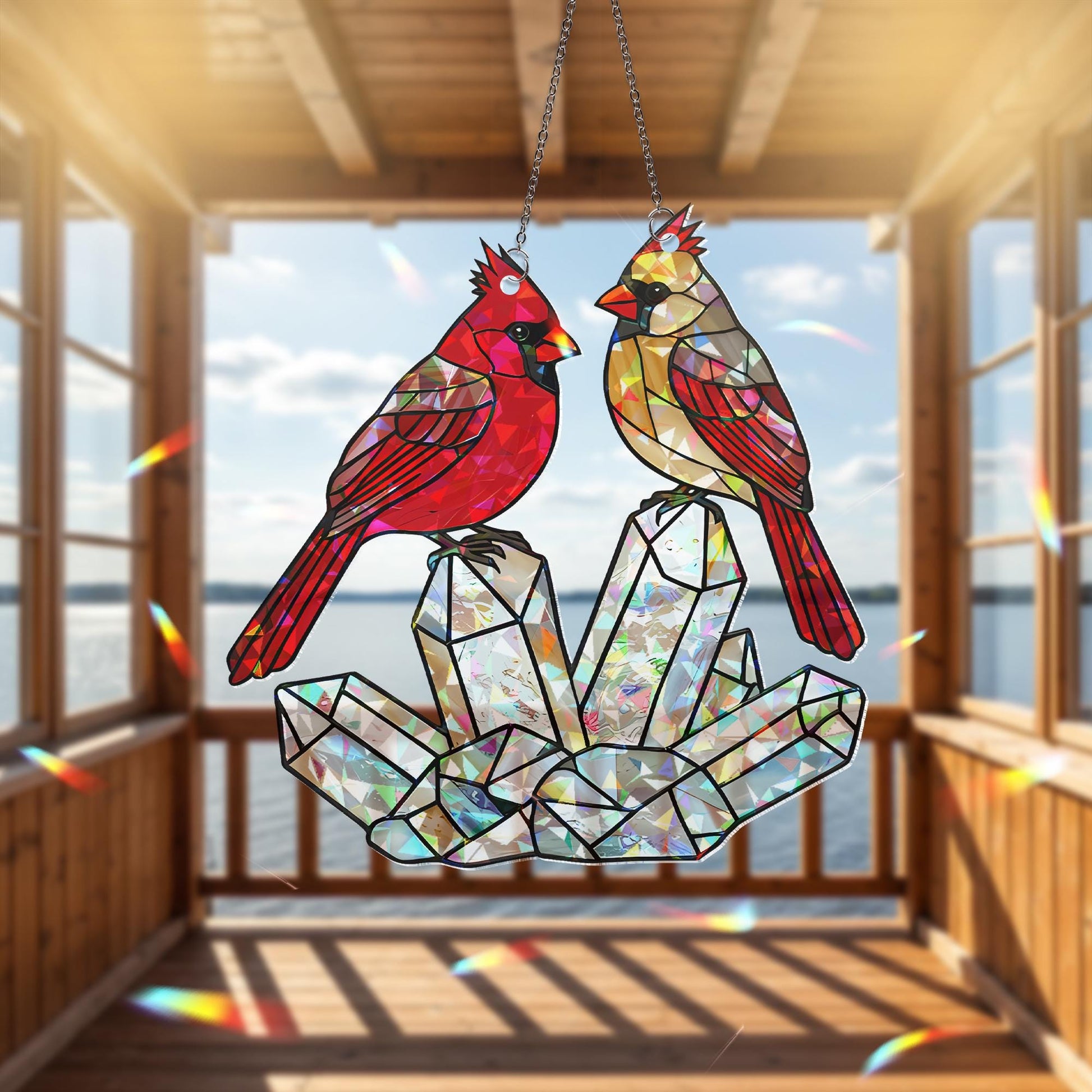 Cardinal Couple ACRYLIC Hologram Decor, Crystal Hologram Decor,Bird Lover Decor,Memorial Gift, Red Bird Ornament, Cardinal and Crystal Decor