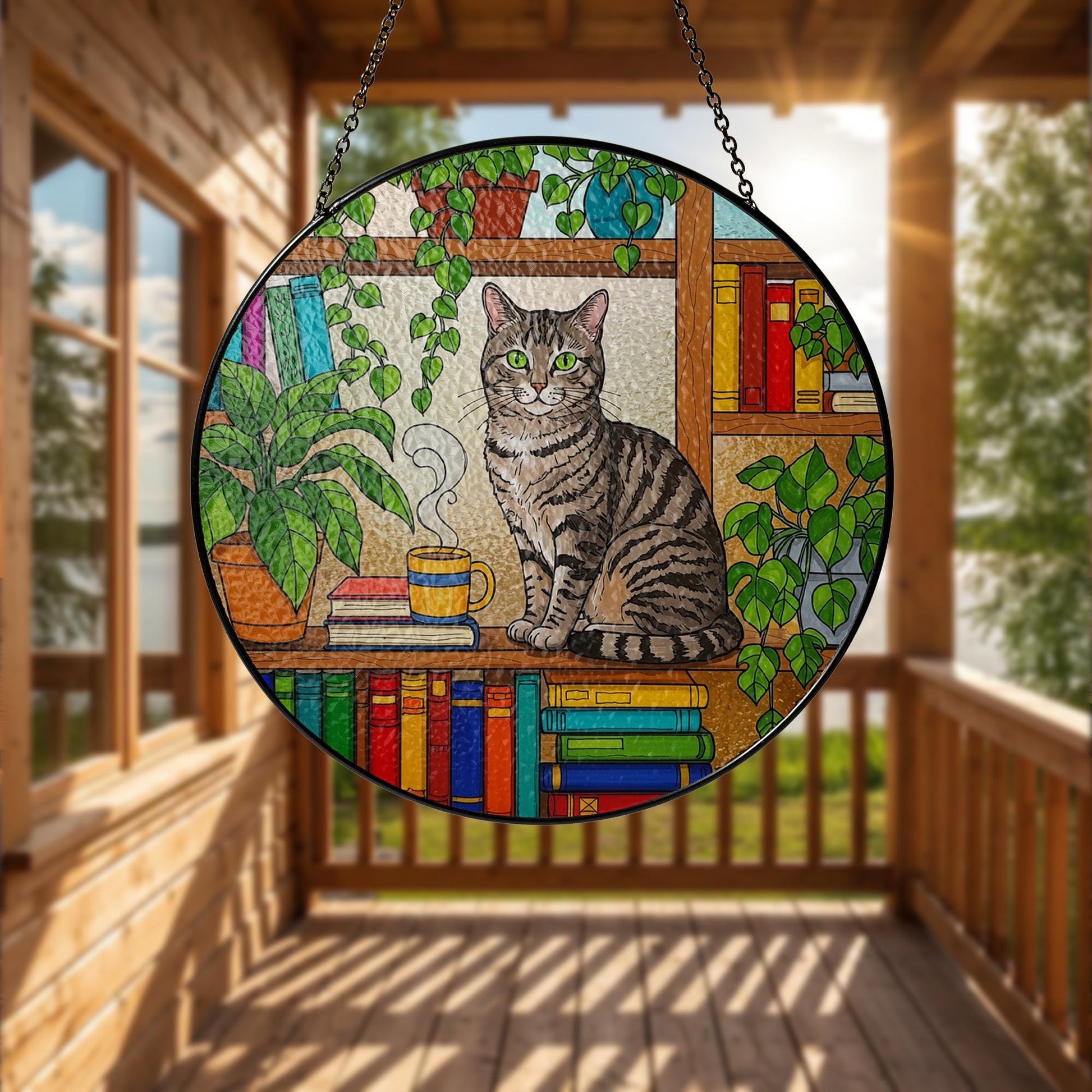 Tabby Cat GLASS Suncatcher, Tabby Cat Sitting On Bookshelf Decor, Window Hanging with Houseplants, Cat Lover Gift,  Book Lover Gift