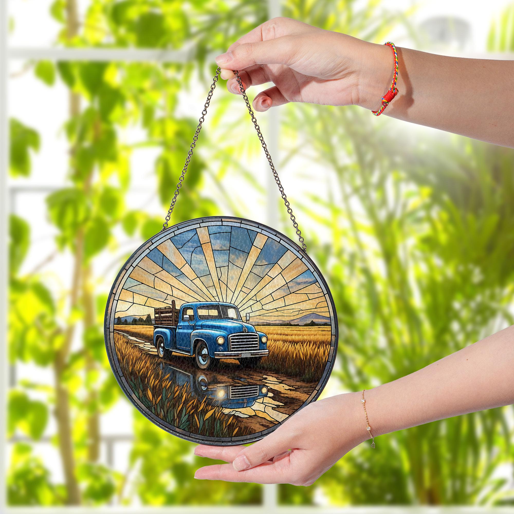 Truck in the Field Glass Suncatcher – Rustic Farm Decor – Perfect Father’s Day Gift for Truck Lovers & Outdoor Enthusiasts