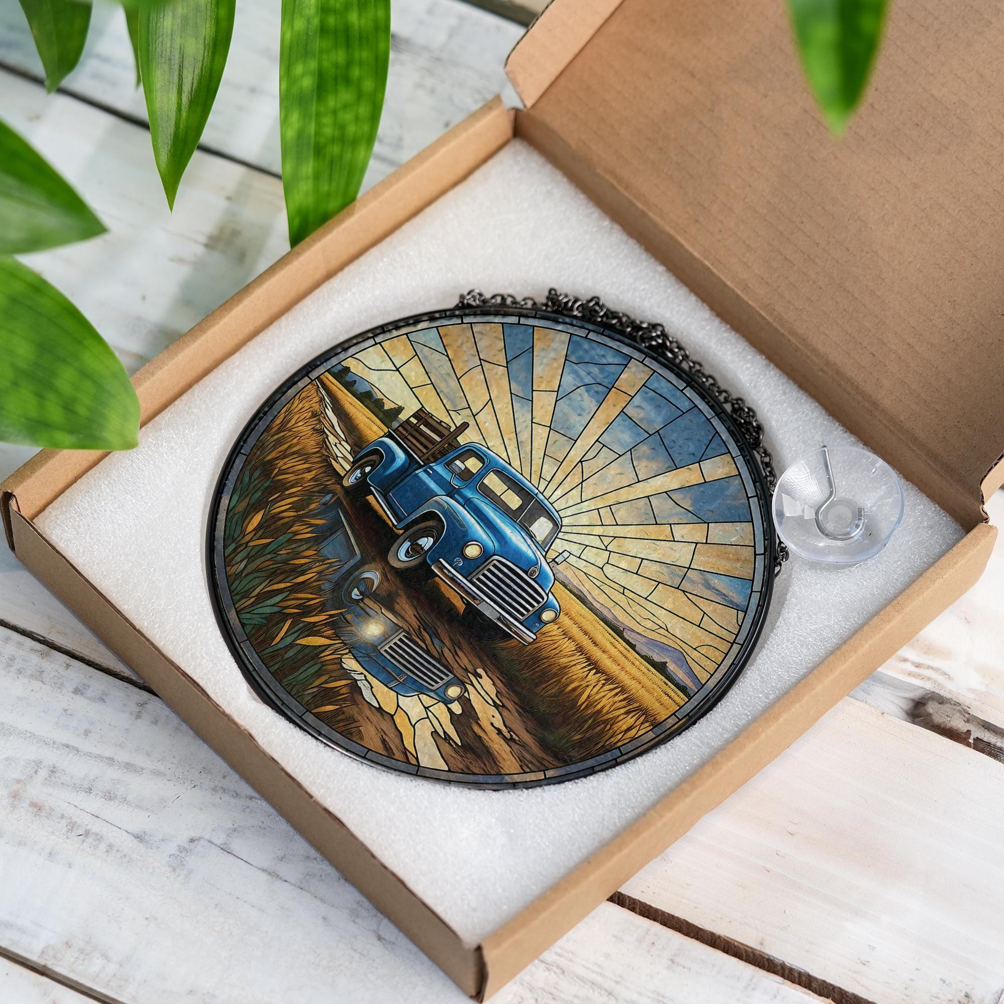 Truck in the Field Glass Suncatcher – Rustic Farm Decor – Perfect Father’s Day Gift for Truck Lovers & Outdoor Enthusiasts