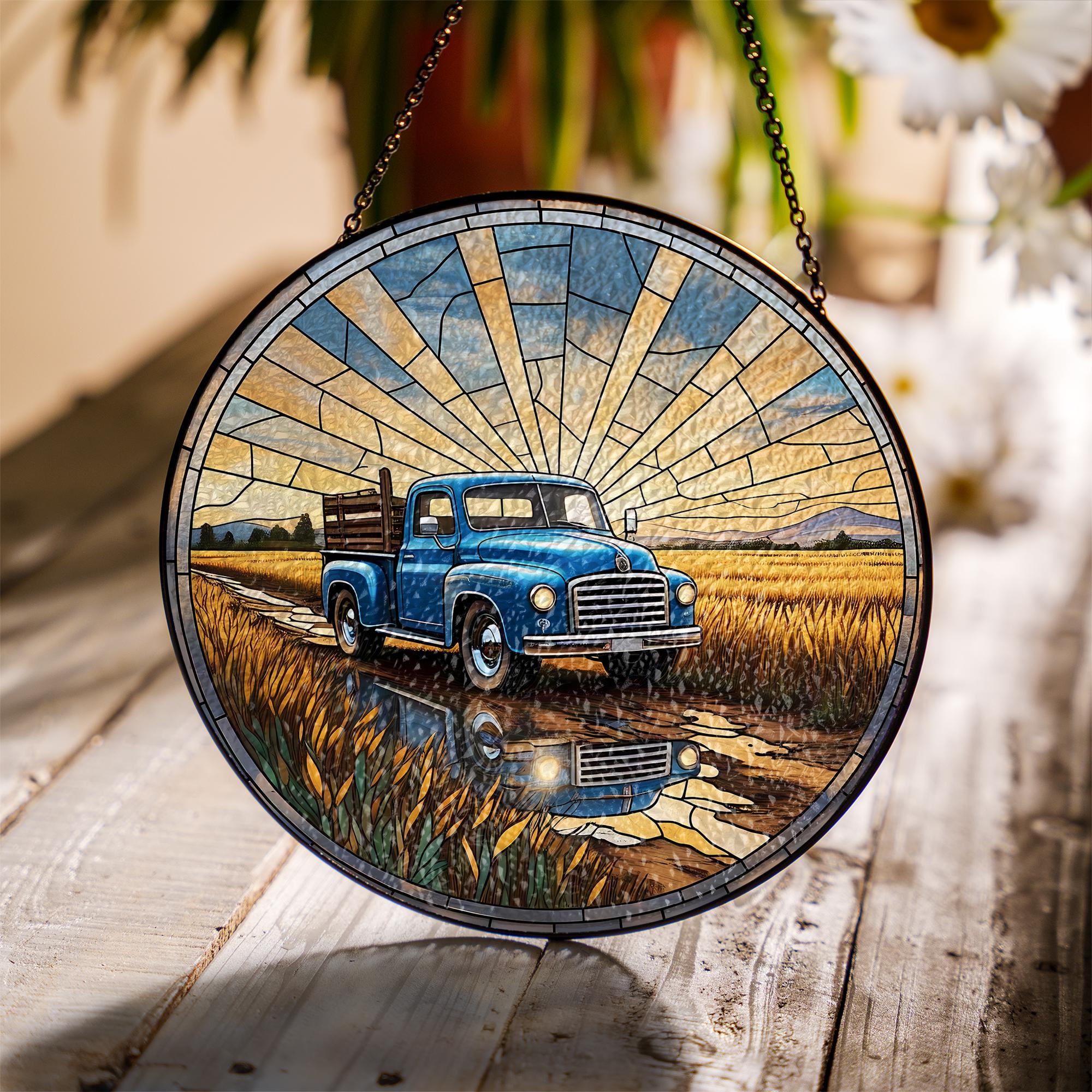 Truck in the Field Glass Suncatcher – Rustic Farm Decor – Perfect Father’s Day Gift for Truck Lovers & Outdoor Enthusiasts