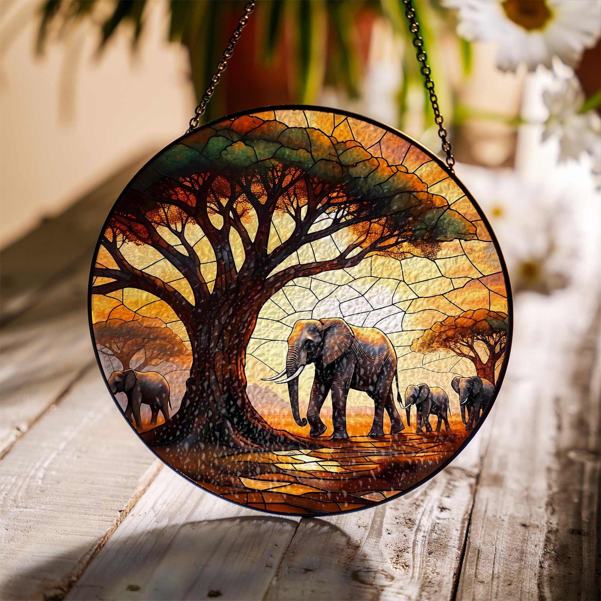 Ancient Tree & Elephant Glass Suncatcher – Wildlife-Inspired Decor – Unique Animal Lover Gift, Nature Lover Home Decor