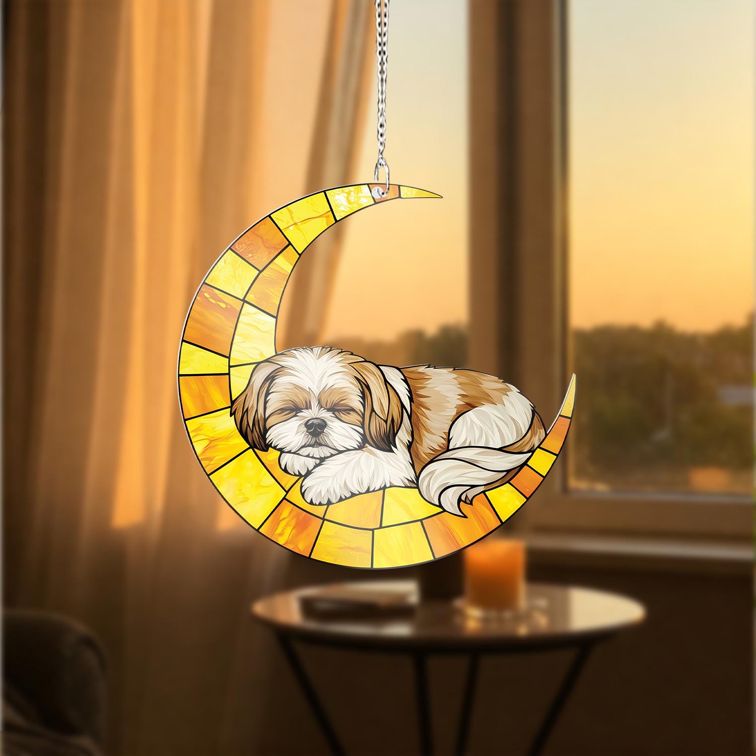Shih Tzu Moon ACRYLIC Window Hanging, Sleeping Dog Window Hanging, Crescent Moon Pet Decor, Cute Shih Tzu Gift, Dog Lover Window Art
