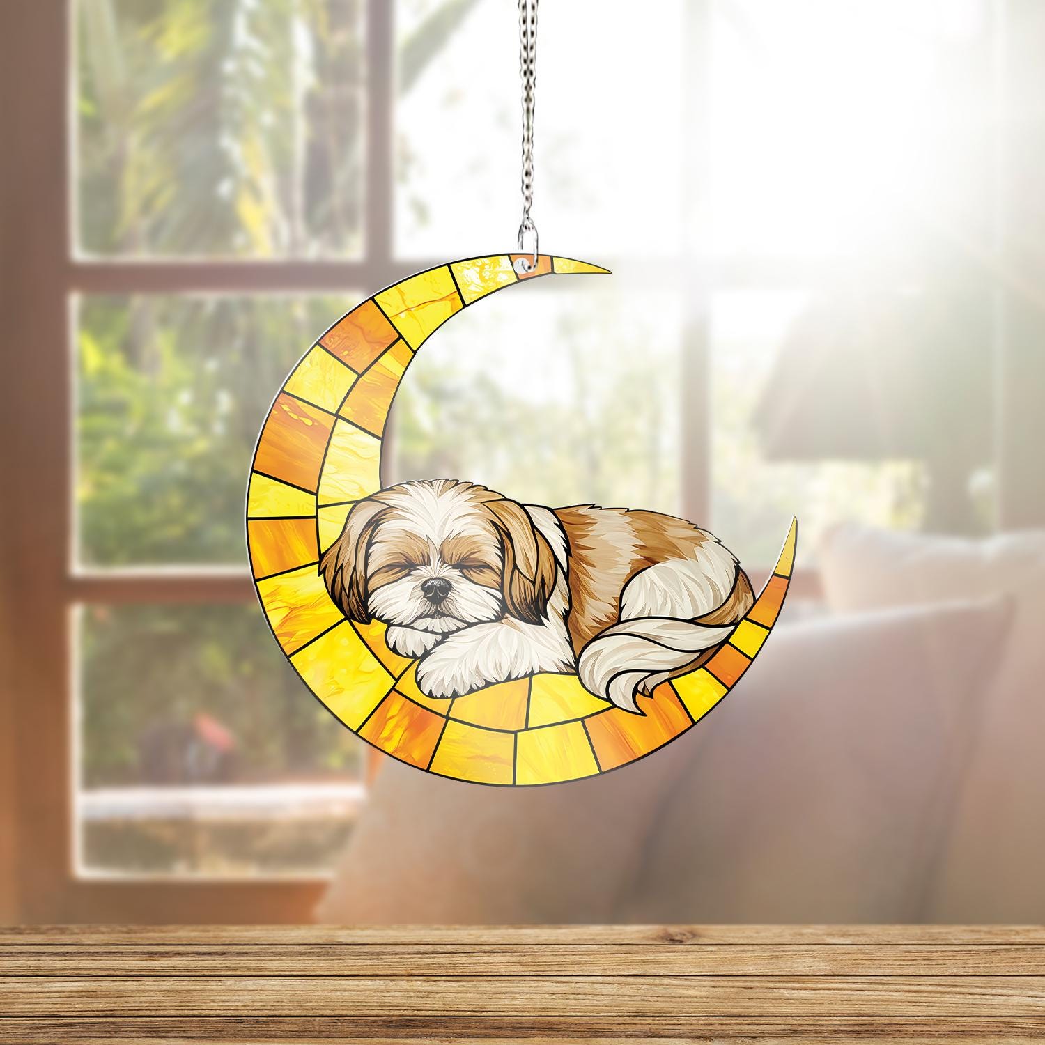 Shih Tzu Moon ACRYLIC Window Hanging, Sleeping Dog Window Hanging, Crescent Moon Pet Decor, Cute Shih Tzu Gift, Dog Lover Window Art