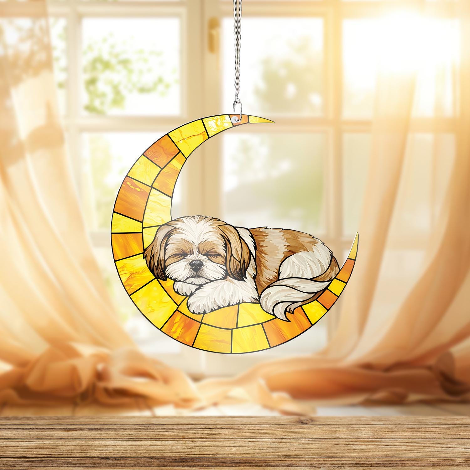 Shih Tzu Moon ACRYLIC Window Hanging, Sleeping Dog Window Hanging, Crescent Moon Pet Decor, Cute Shih Tzu Gift, Dog Lover Window Art