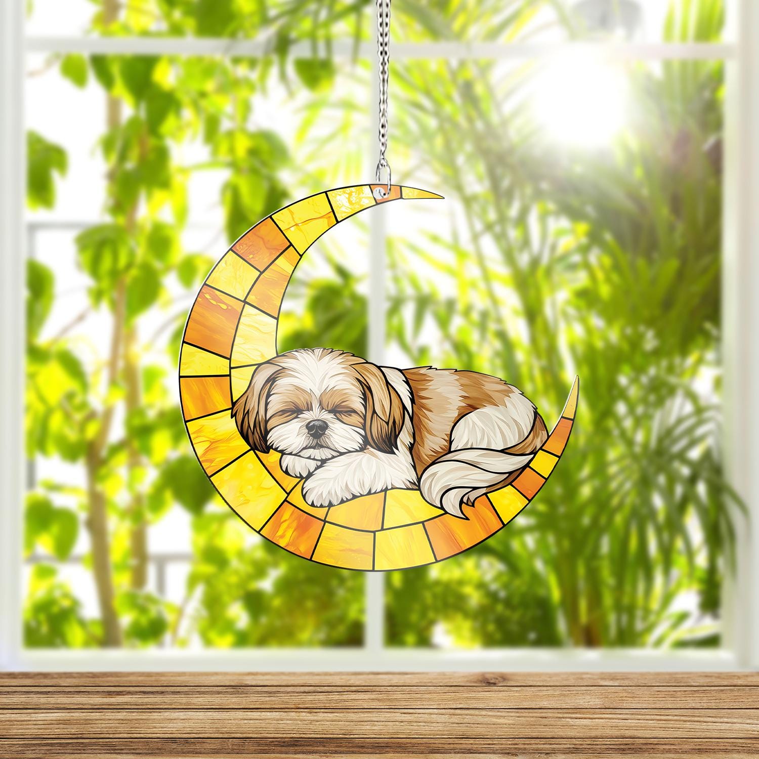 Shih Tzu Moon ACRYLIC Window Hanging, Sleeping Dog Window Hanging, Crescent Moon Pet Decor, Cute Shih Tzu Gift, Dog Lover Window Art