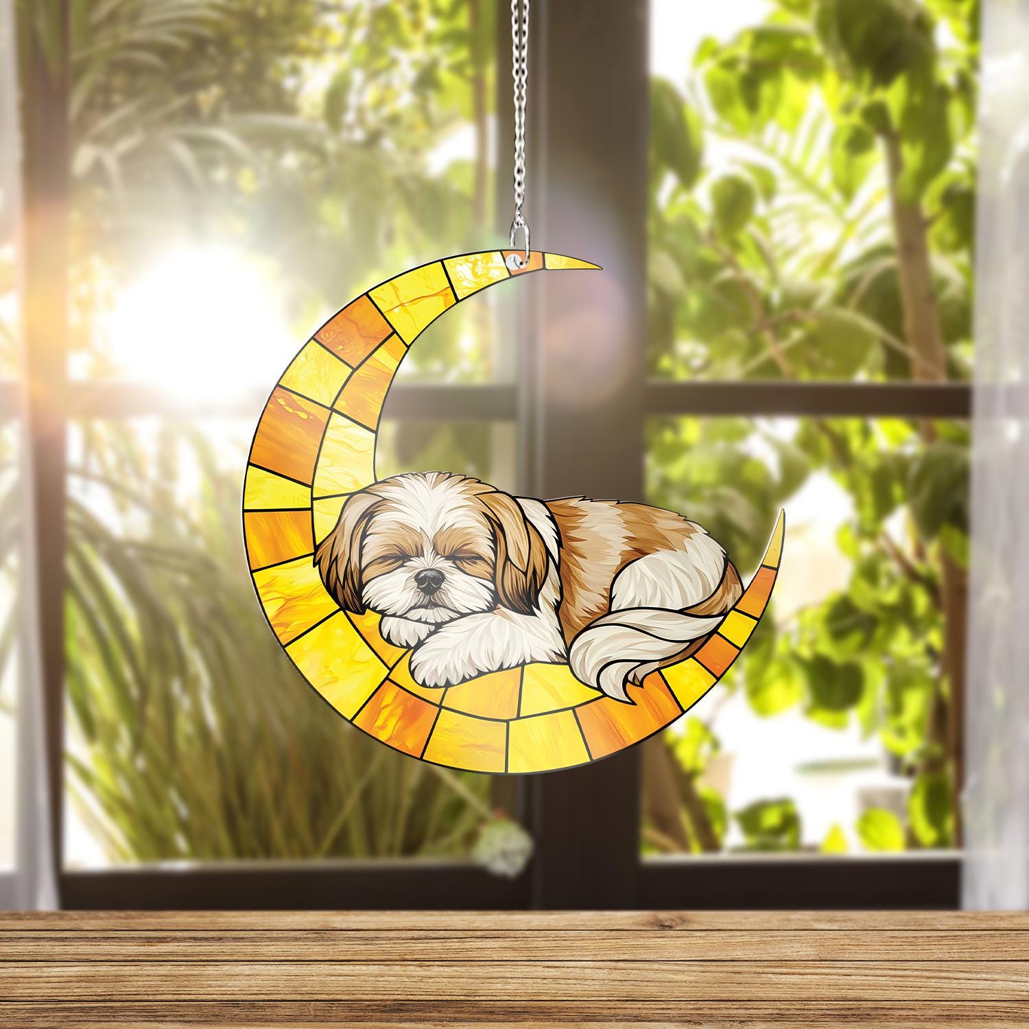 Shih Tzu Moon ACRYLIC Window Hanging, Sleeping Dog Window Hanging, Crescent Moon Pet Decor, Cute Shih Tzu Gift, Dog Lover Window Art