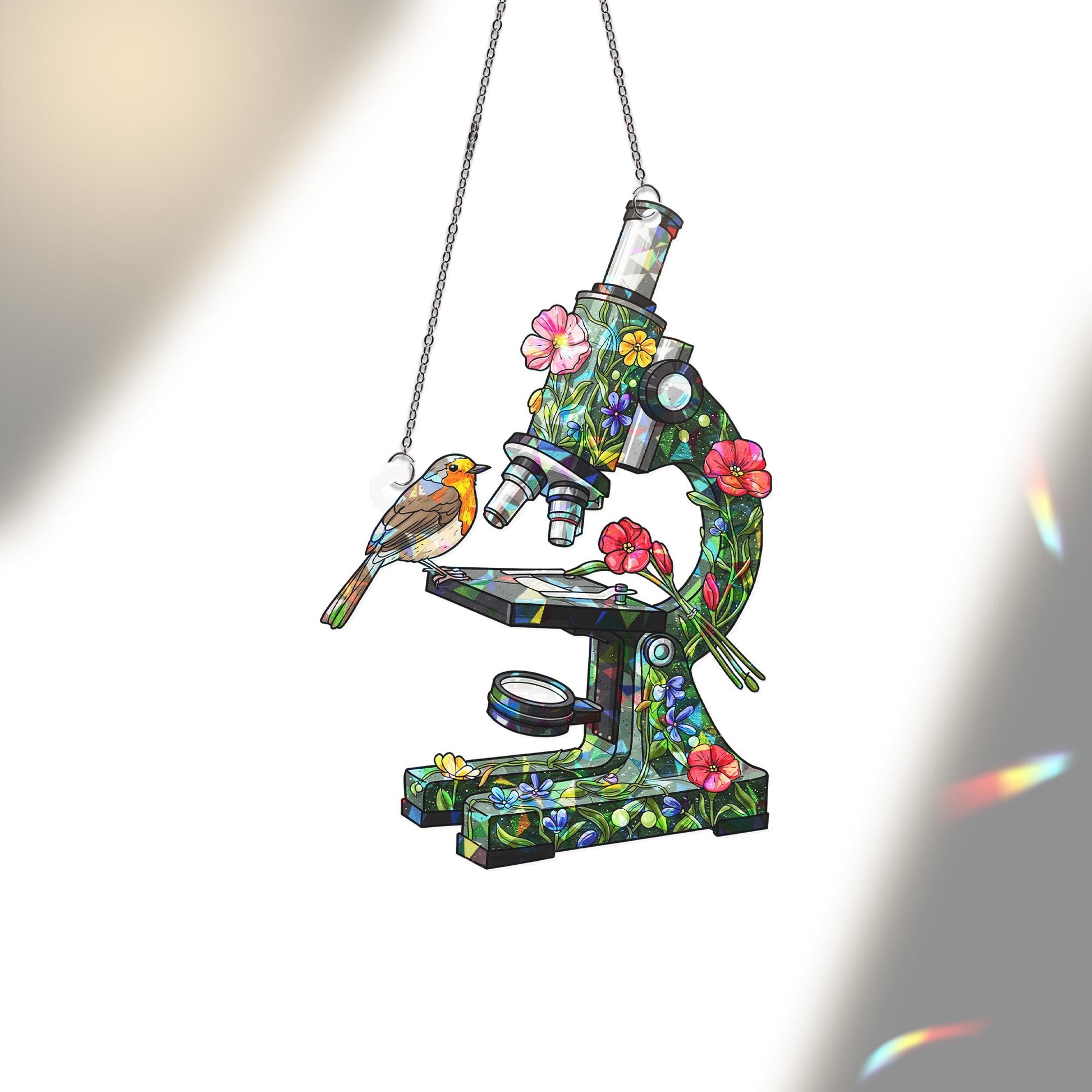 Floral Microscope & Robin Bird Hologram Window Hanging – Science Gift, Bird Lover Decor, Nurse Appreciation Gift, Nature-Inspired Art