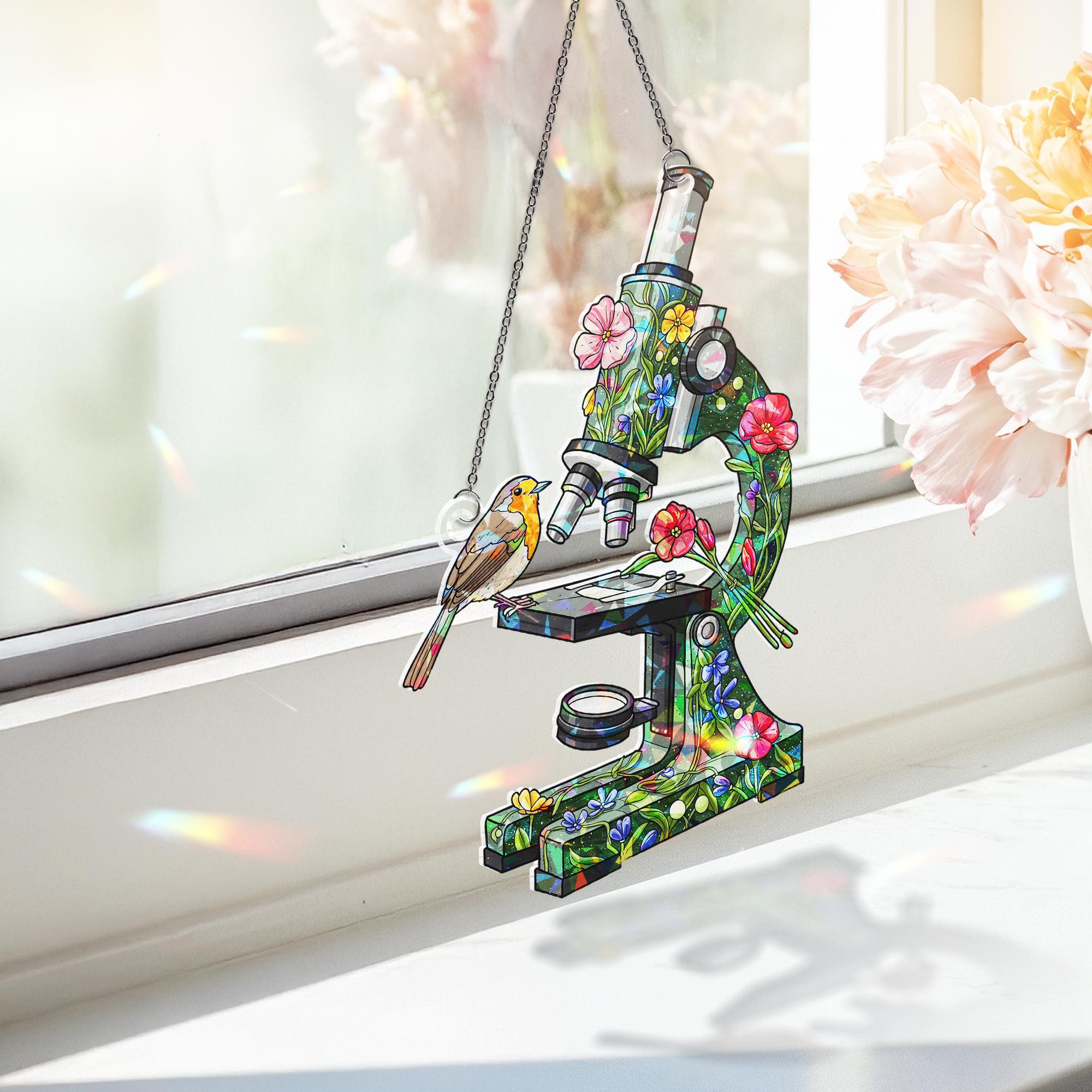 Floral Microscope & Robin Bird Hologram Window Hanging – Science Gift, Bird Lover Decor, Nurse Appreciation Gift, Nature-Inspired Art