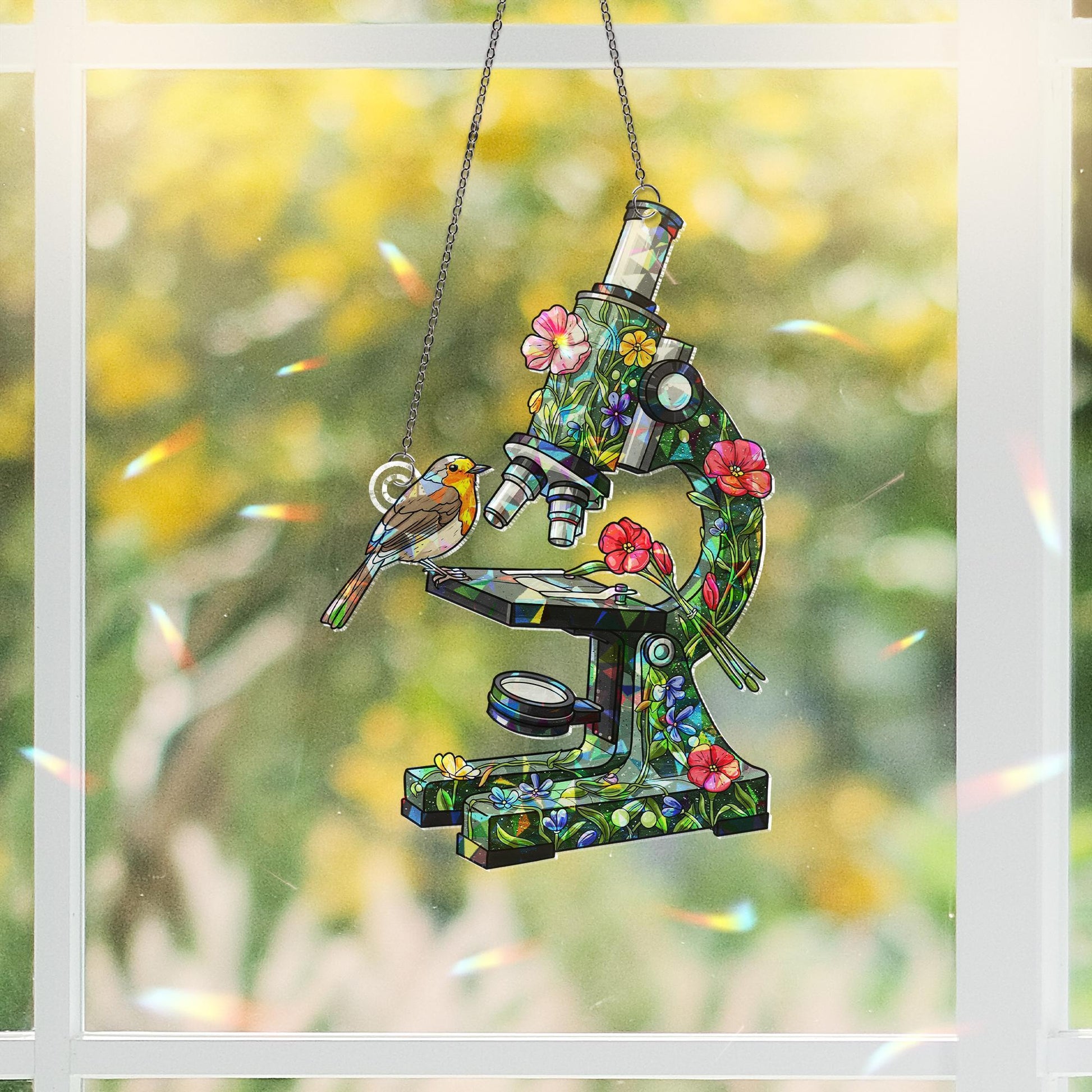 Floral Microscope & Robin Bird Hologram Window Hanging – Science Gift, Bird Lover Decor, Nurse Appreciation Gift, Nature-Inspired Art