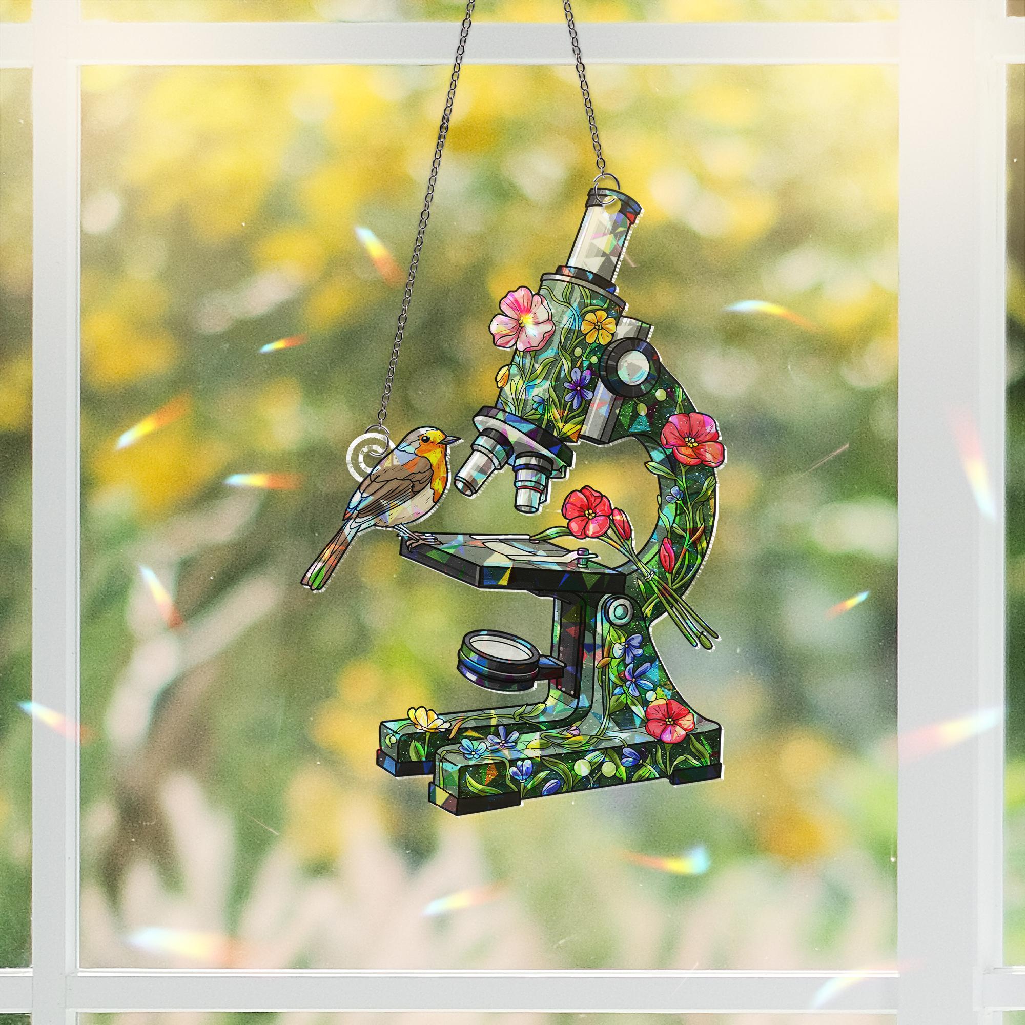 Floral Microscope & Robin Bird Hologram Window Hanging – Science Gift, Bird Lover Decor, Nurse Appreciation Gift, Nature-Inspired Art