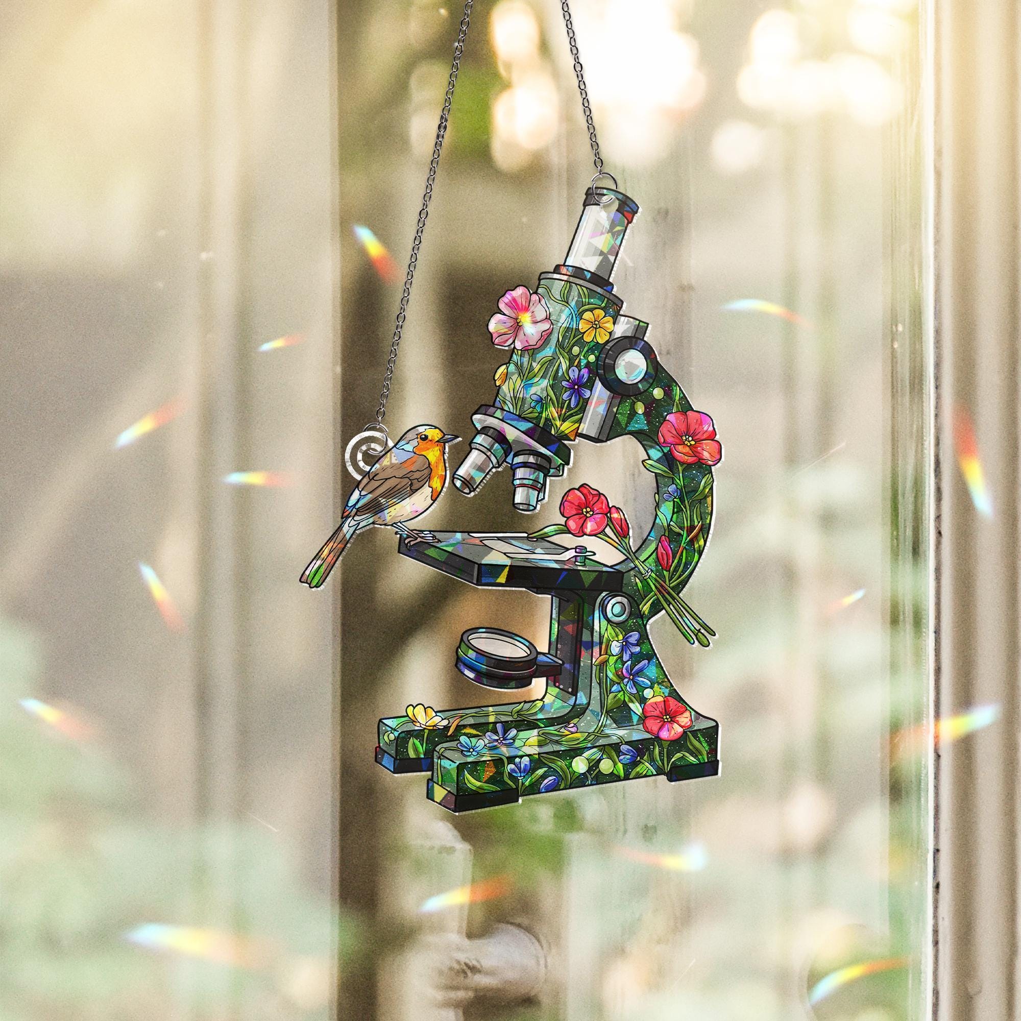Floral Microscope & Robin Bird Hologram Window Hanging – Science Gift, Bird Lover Decor, Nurse Appreciation Gift, Nature-Inspired Art