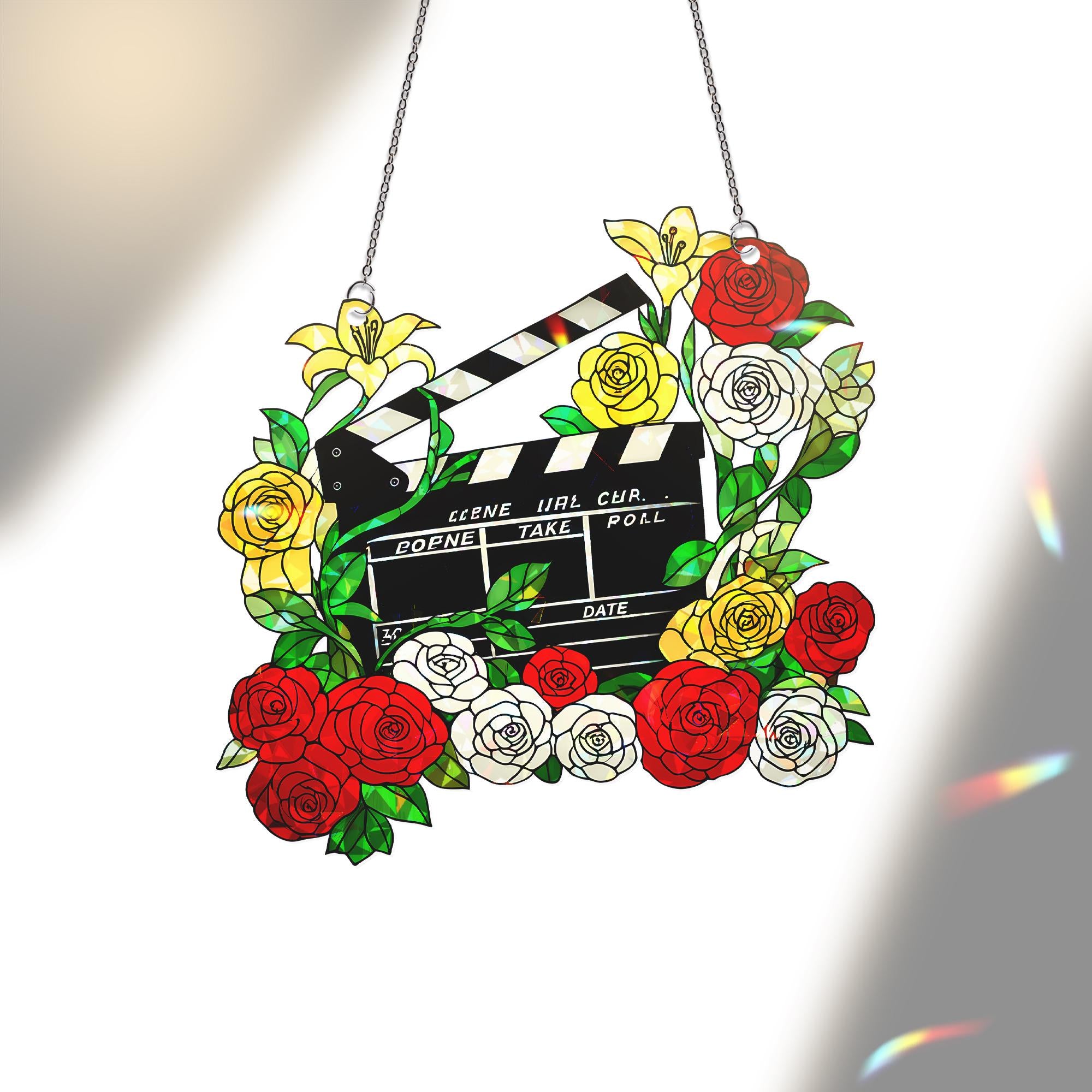 Floral Movie Clapperboard Hologram Window Hanging – Acrylic Sun Catcher – Perfect Gift for Flower Lovers & Film Enthusiasts