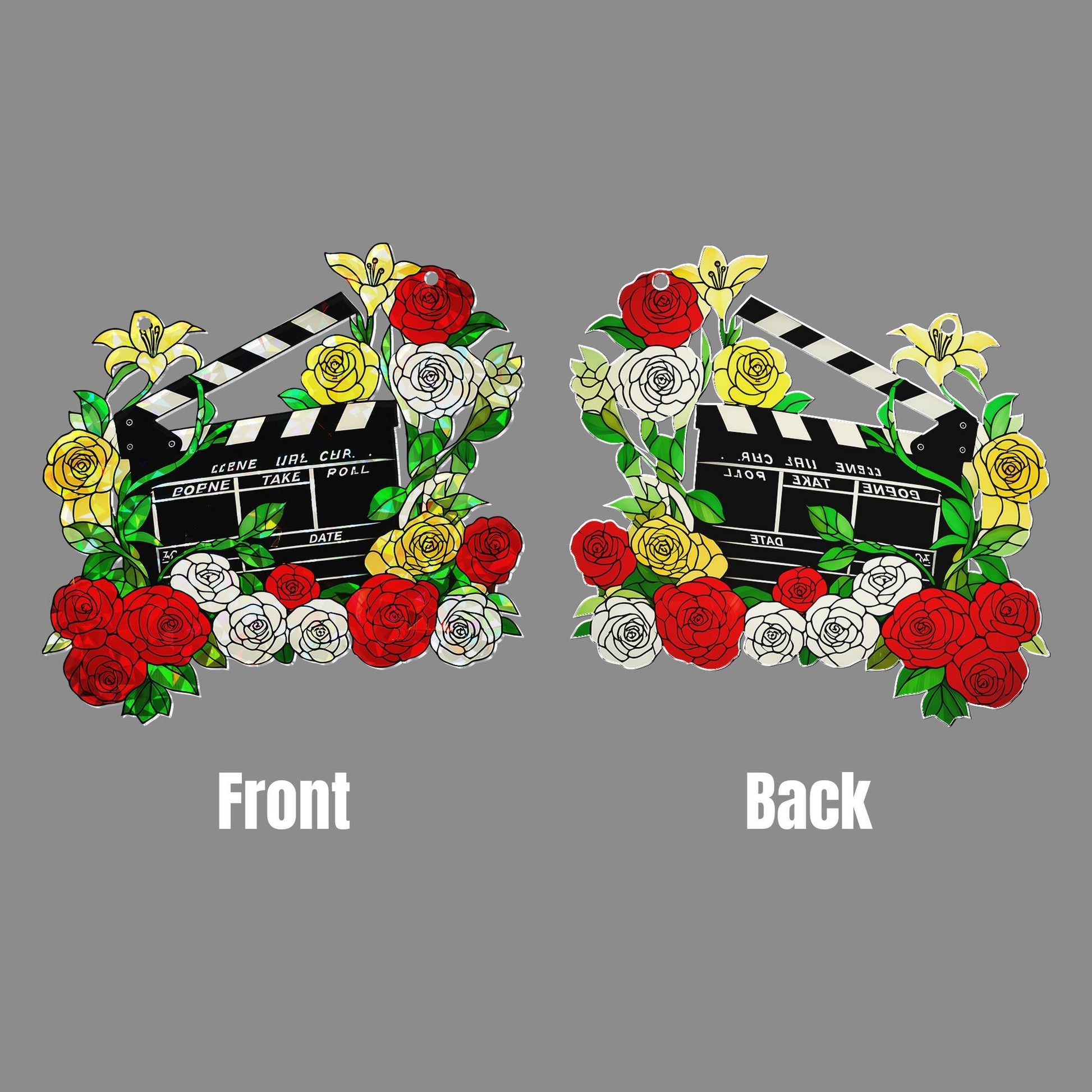 Floral Movie Clapperboard Hologram Window Hanging – Acrylic Sun Catcher – Perfect Gift for Flower Lovers & Film Enthusiasts
