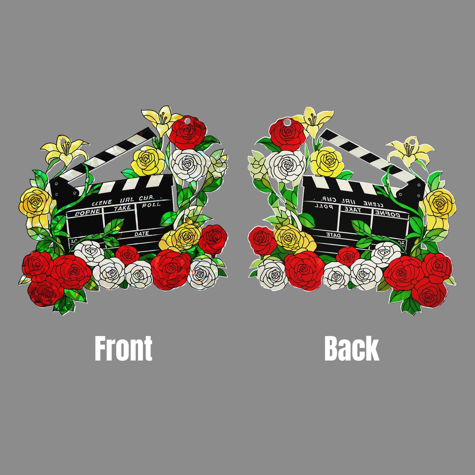 Floral Movie Clapperboard Hologram Window Hanging – Acrylic Sun Catcher – Perfect Gift for Flower Lovers & Film Enthusiasts