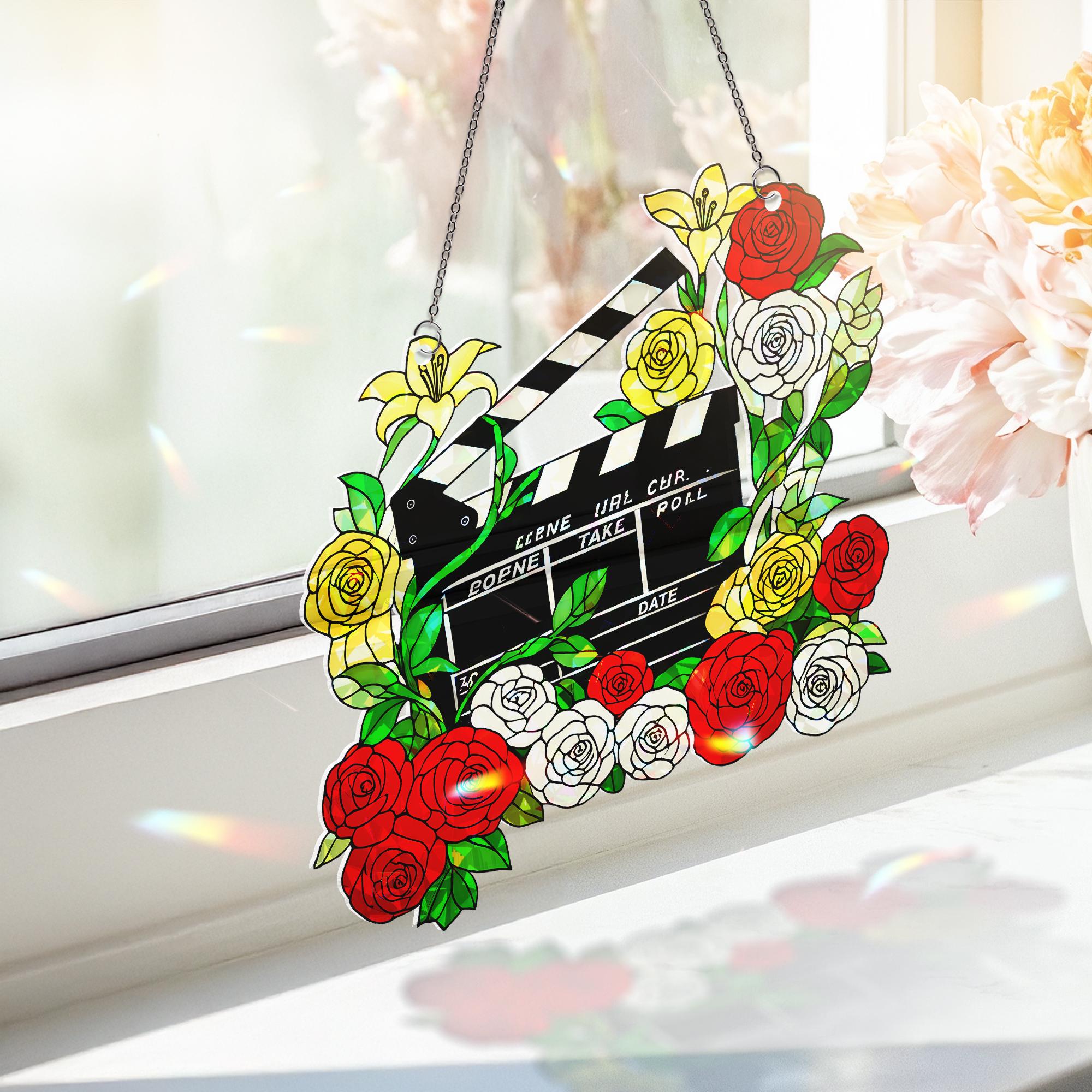 Floral Movie Clapperboard Hologram Window Hanging – Acrylic Sun Catcher – Perfect Gift for Flower Lovers & Film Enthusiasts