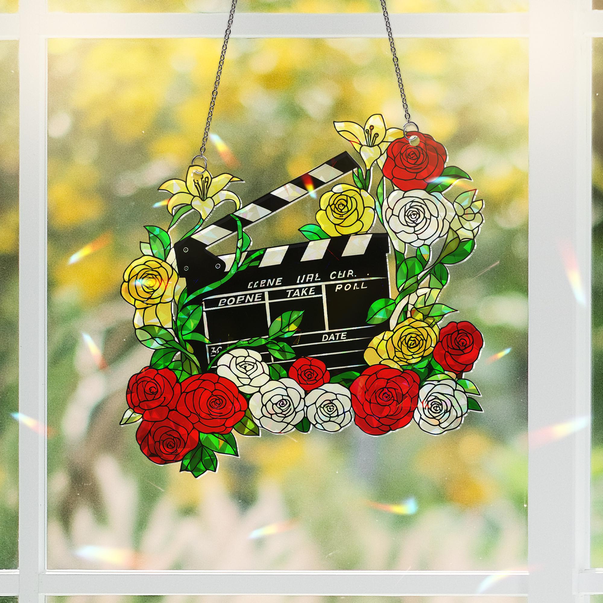 Floral Movie Clapperboard Hologram Window Hanging – Acrylic Sun Catcher – Perfect Gift for Flower Lovers & Film Enthusiasts