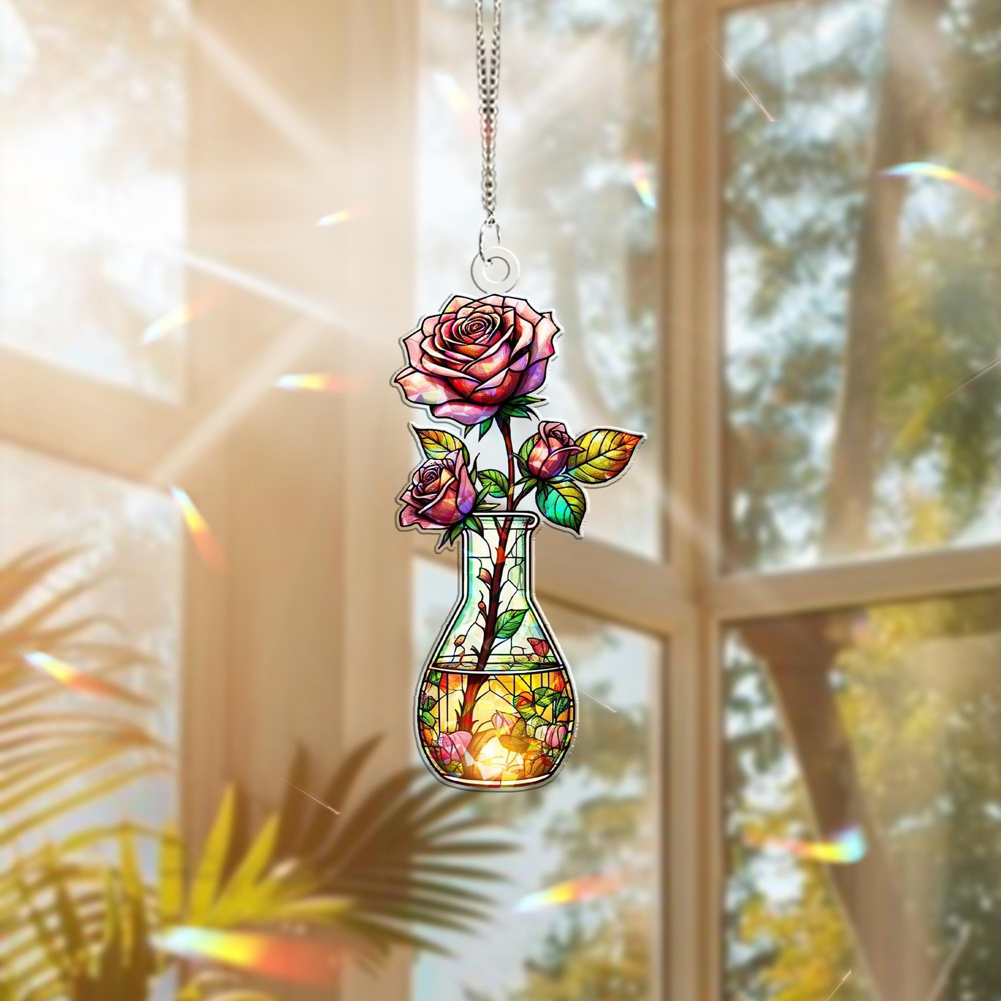 Roses Flask Hologram Acrylic Window Hanging – Science Decor, Nurse Gift, Botanical Art for Home or Office