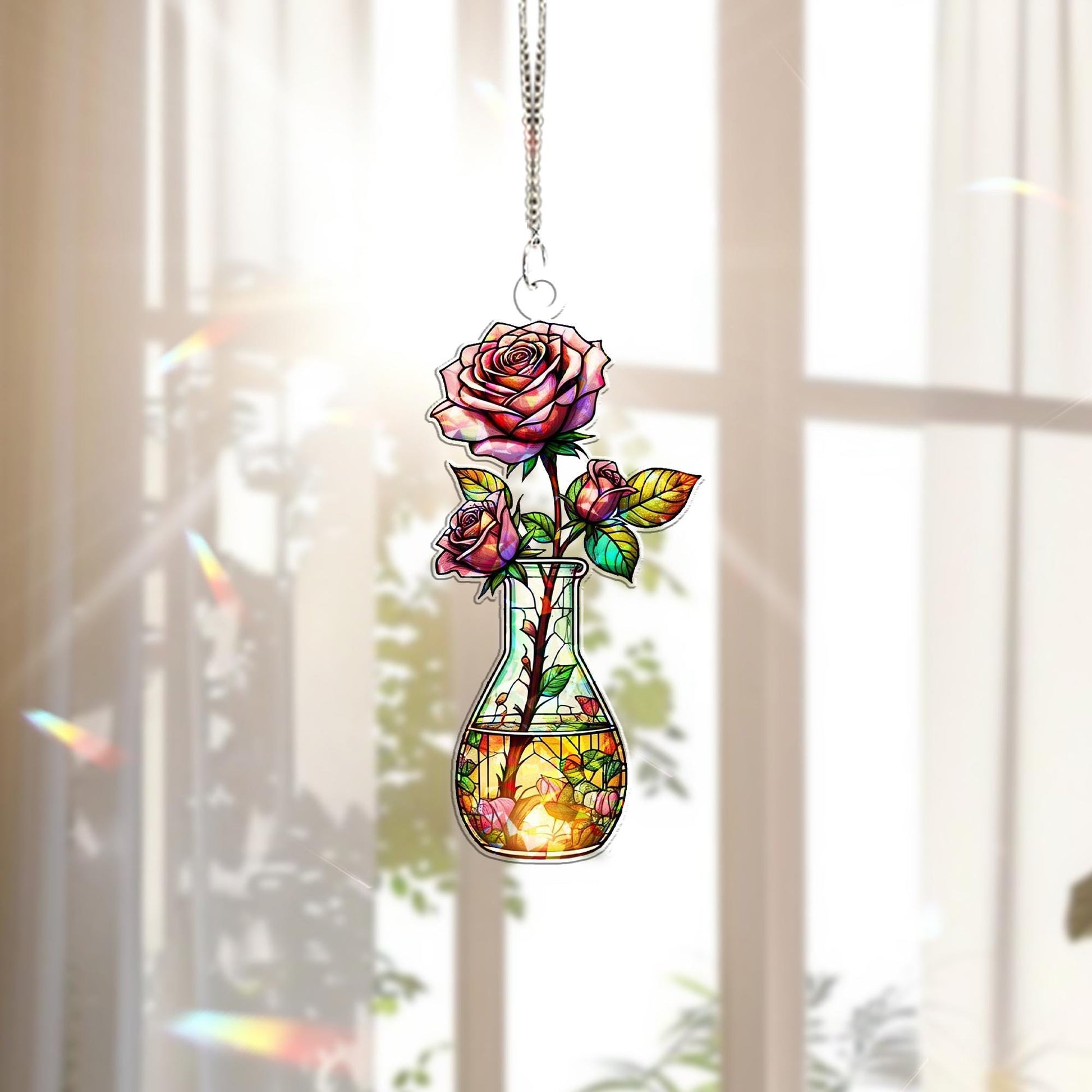 Roses Flask Hologram Acrylic Window Hanging – Science Decor, Nurse Gift, Botanical Art for Home or Office