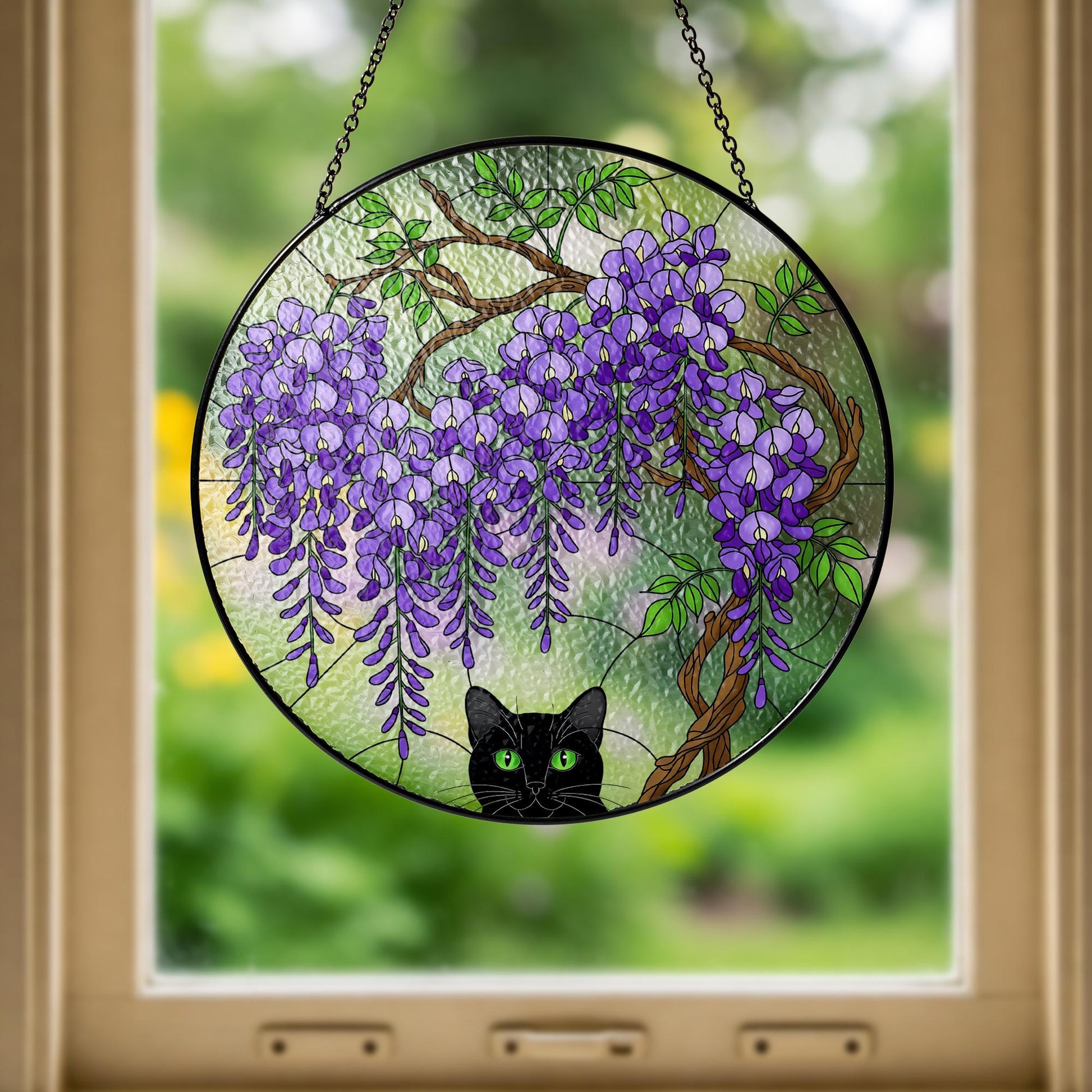 Black Cat Wisteria Glass Suncatcher, Floral Cat Window Hanging, Cute Kitty Sun Catcher, Cat Lover Gift, Cat Lover Gift Glass Wall Decor