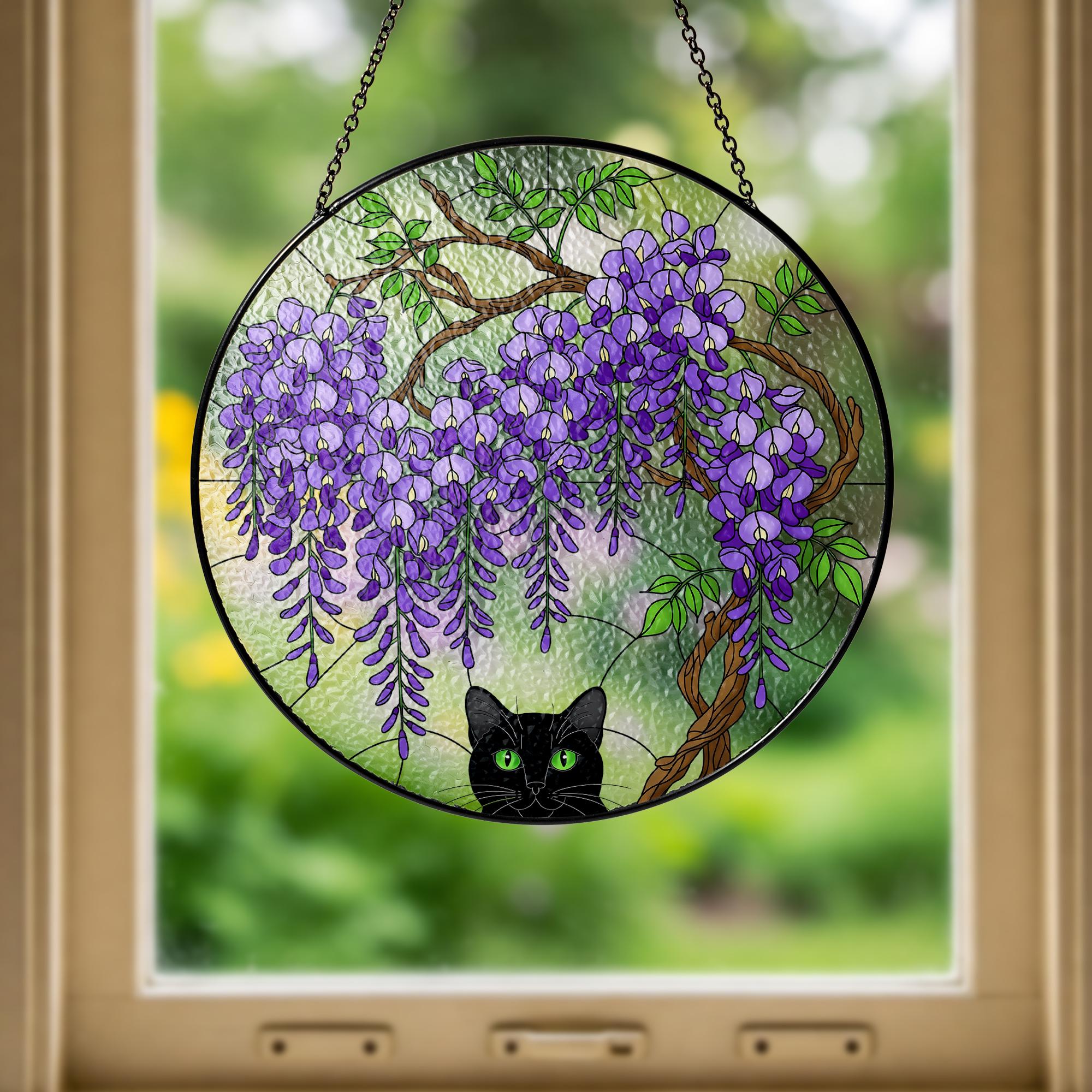 Black Cat Wisteria Glass Suncatcher, Floral Cat Window Hanging, Cute Kitty Sun Catcher, Cat Lover Gift, Cat Lover Gift Glass Wall Decor